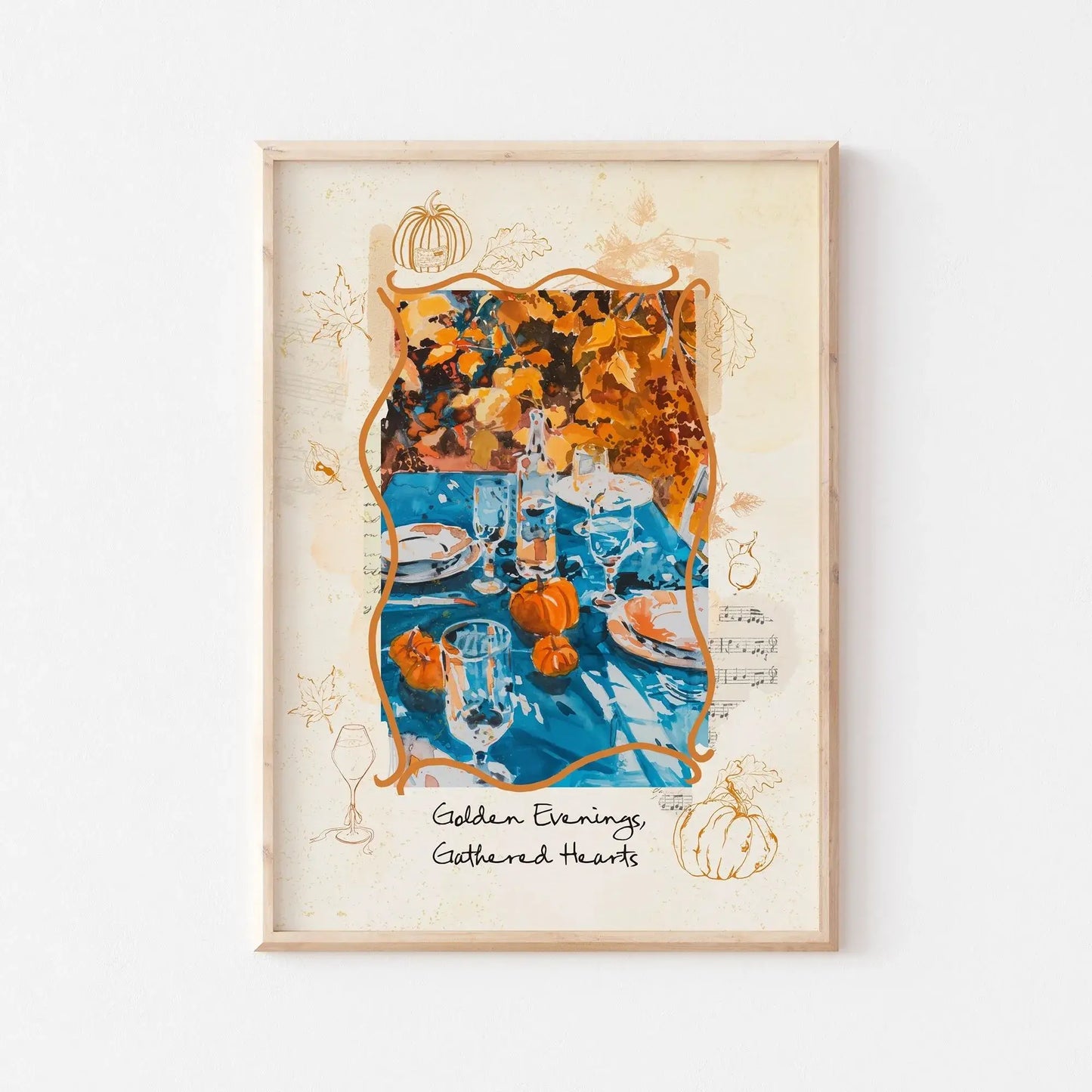 Autumnal wall art poster with pumpkins, table setting, and golden leaves