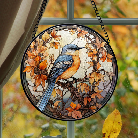 Autumn Bird and Leaves Round Stained Glass Ornament | FALL24RSG16