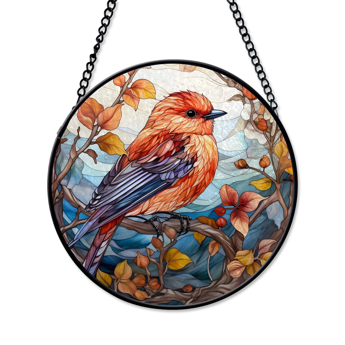 Autumn Bird and Leaves Round Stained Glass Ornament | FALL24RSG15