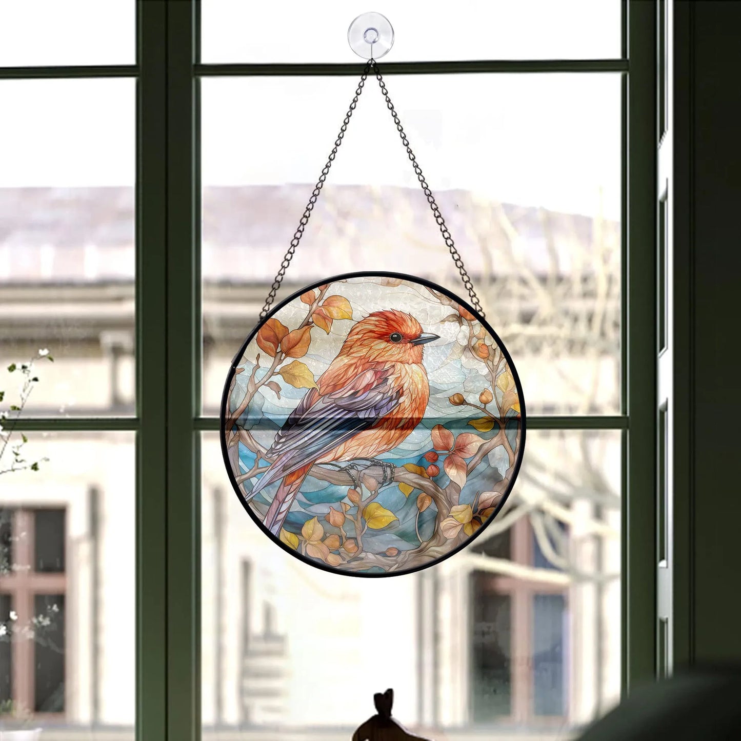 Autumn Bird and Leaves Round Stained Glass Ornament | FALL24RSG15