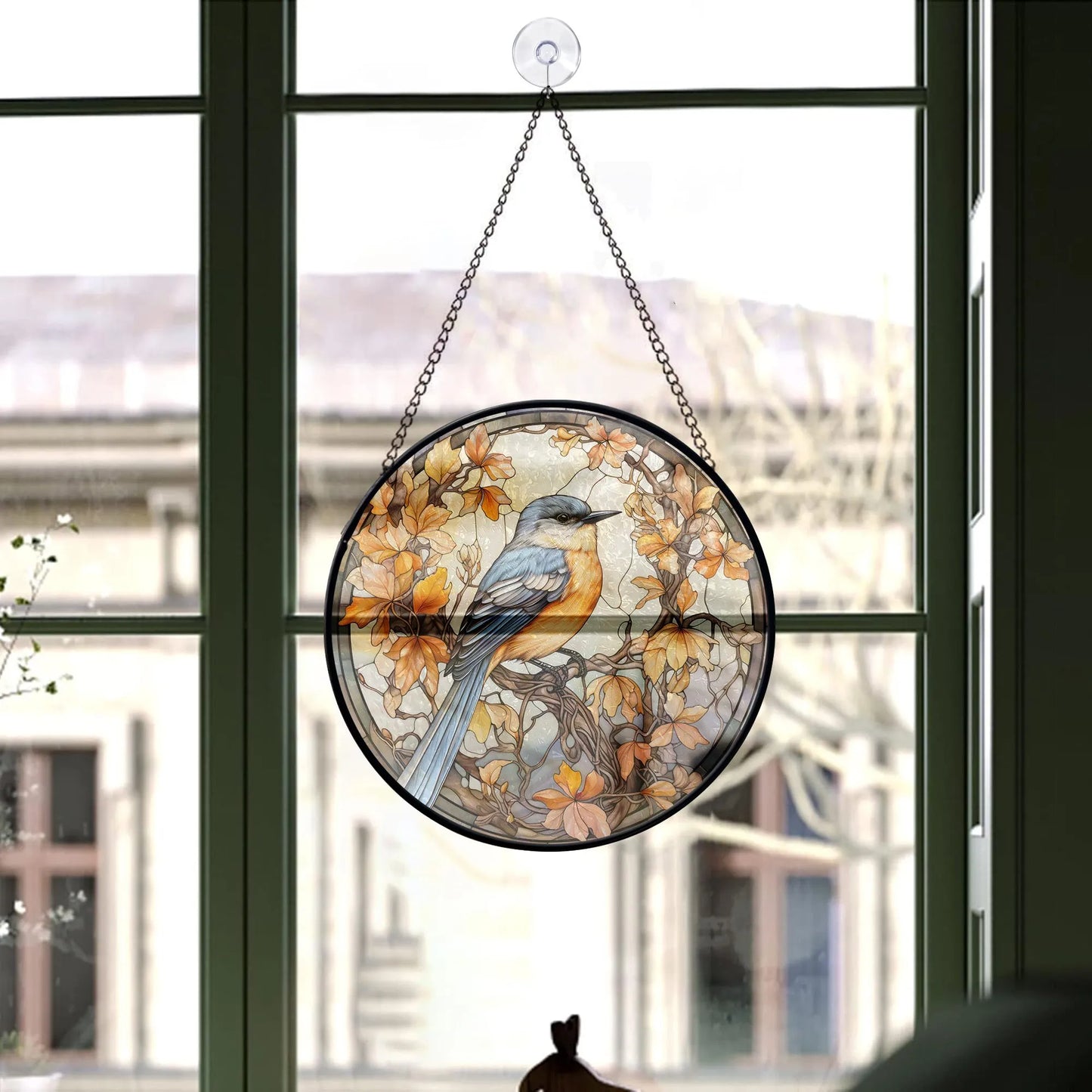 Autumn Bird and Leaves Round Stained Glass Ornament | FALL24RSG16