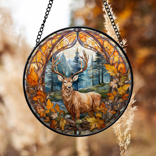 Fall Deer Round Stained Glass Ornament | FALL24RSG19