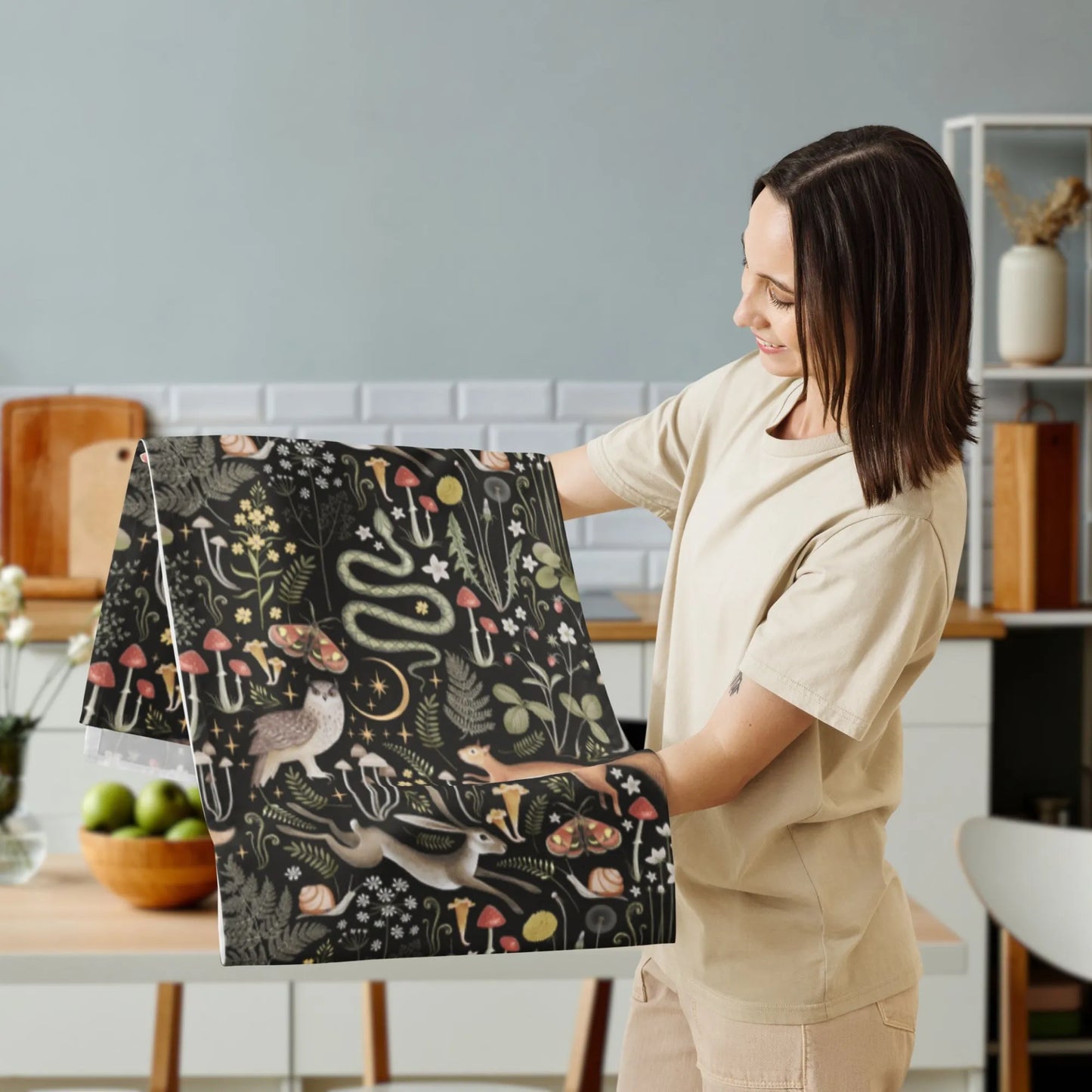 woman holding Magic forest TABLE RUNNER from Blue Water Songs