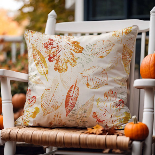 outdoor chair with Autumn Leaves PILLOW from Blue Water Songs and pumpkins on it