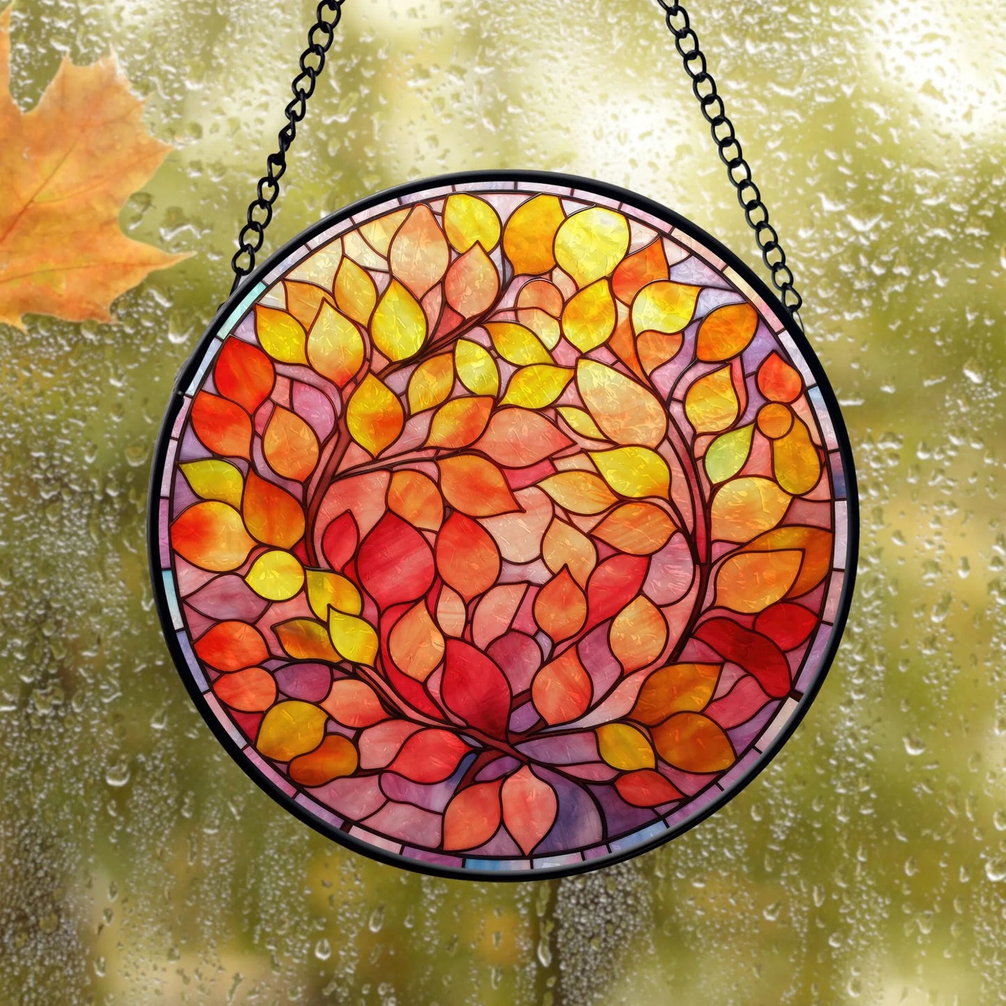 Fall Leaves Round Stained Glass Ornament | FALL24RSG14