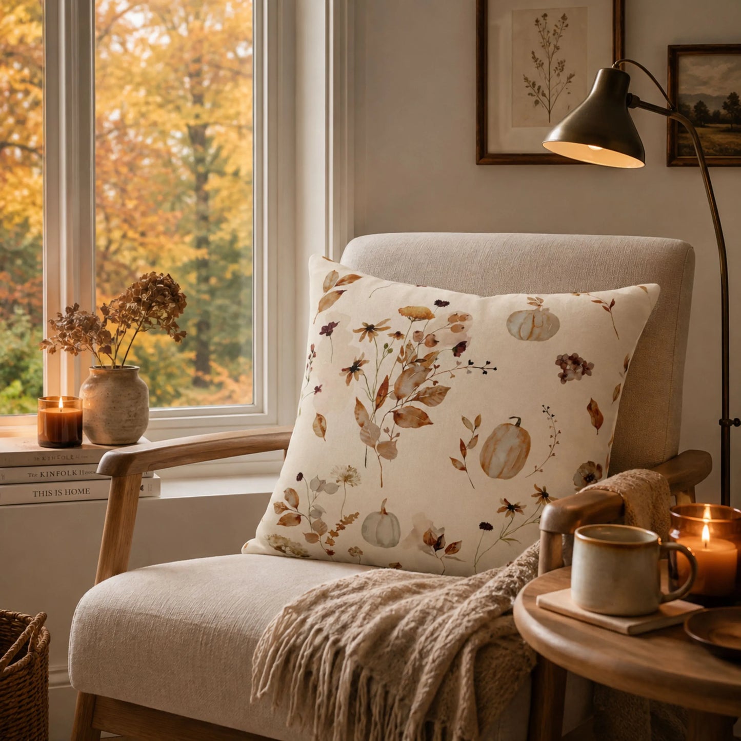 Watercolor Pumpkin Wildflower Pillow
