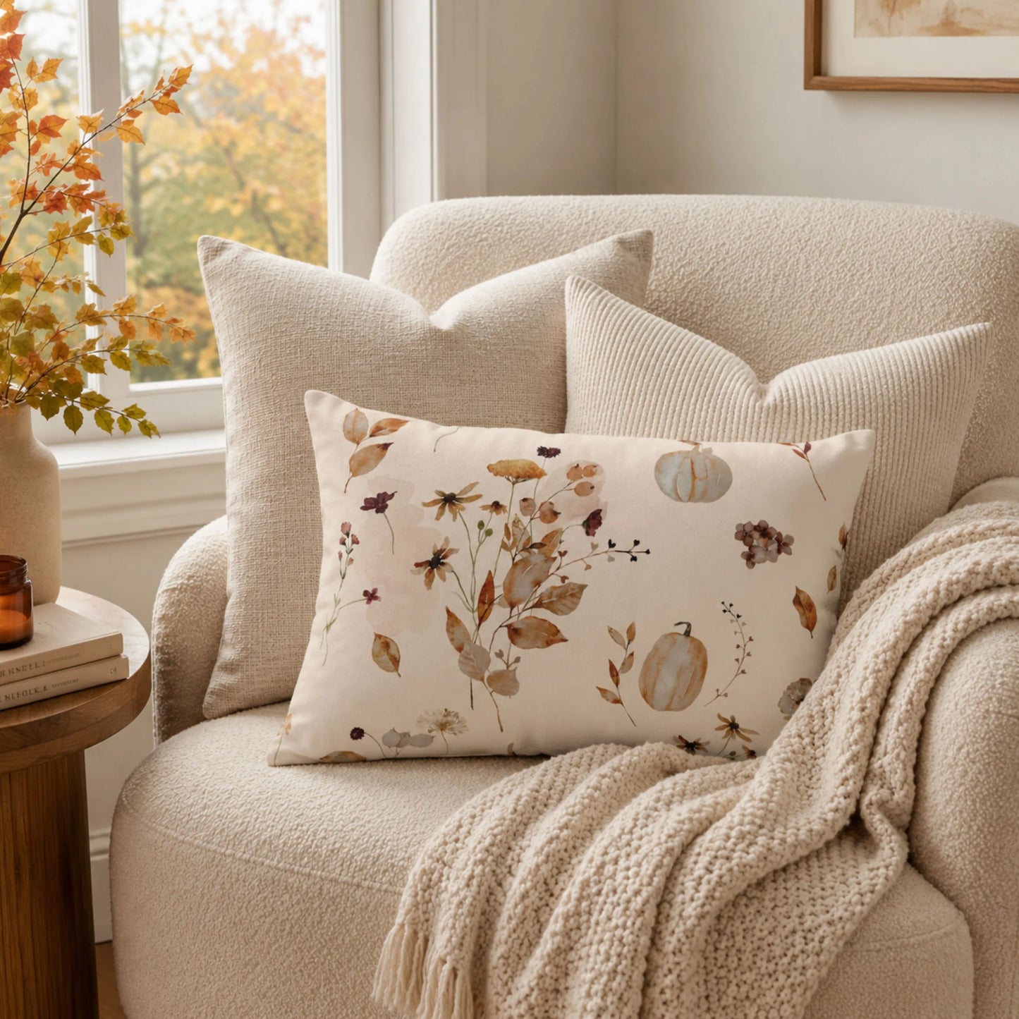 Watercolor Pumpkin Wildflower Pillow