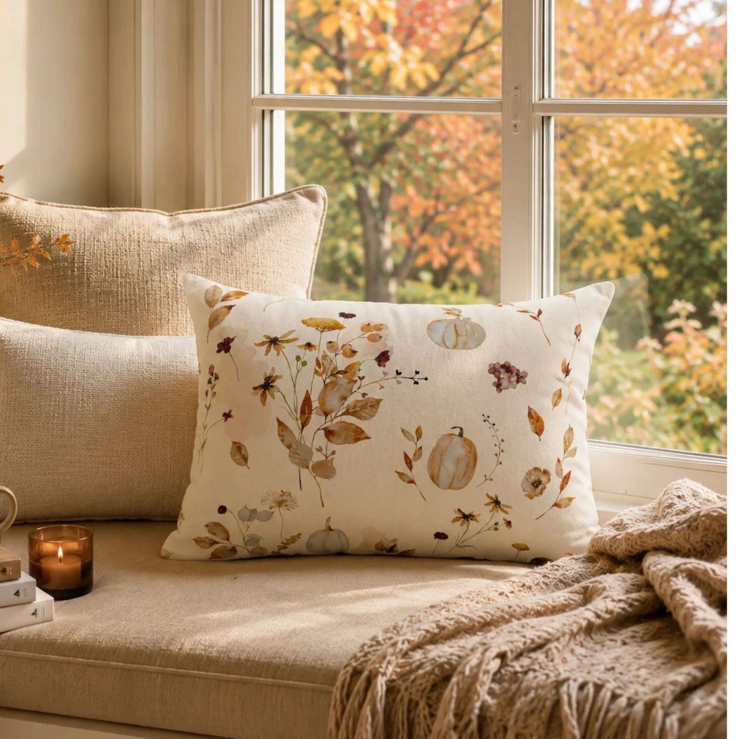 Watercolor Pumpkin Wildflower Pillow
