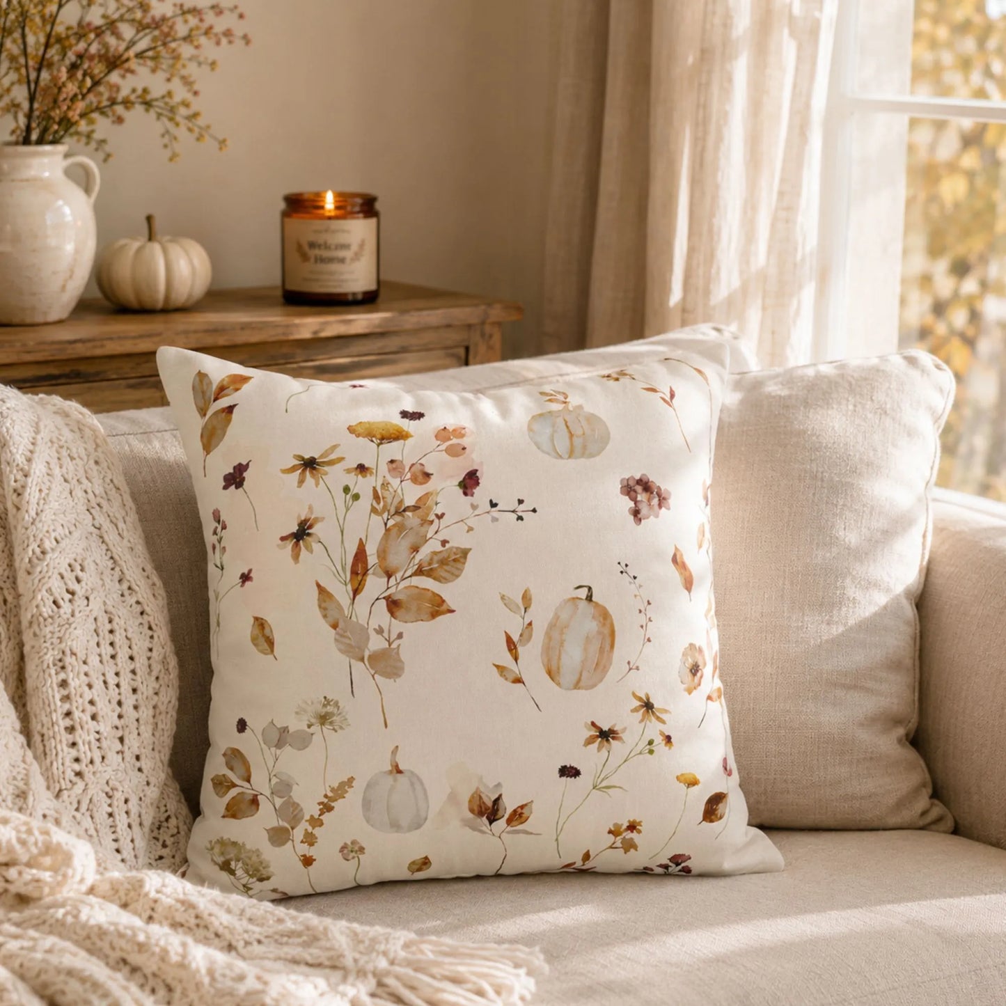 Watercolor Pumpkin Wildflower Pillow