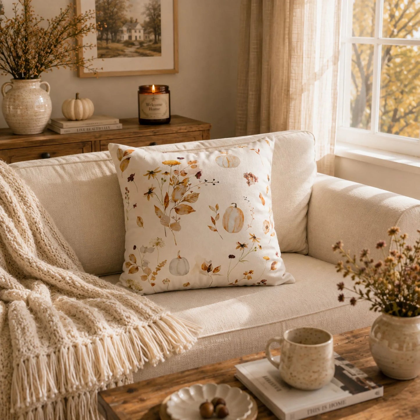Watercolor Pumpkin Wildflower Pillow