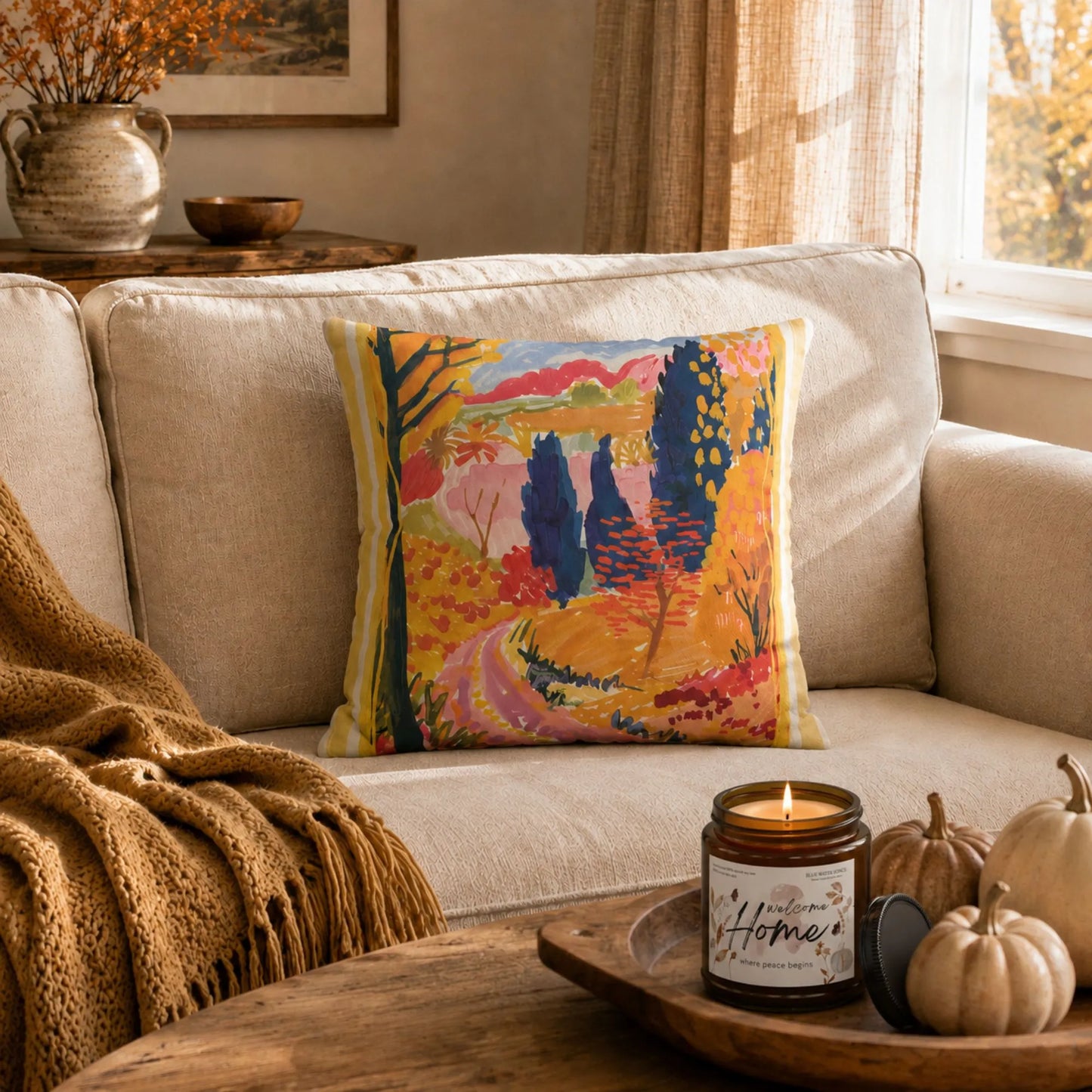 Colorful Autumn Road Pillow and Cover