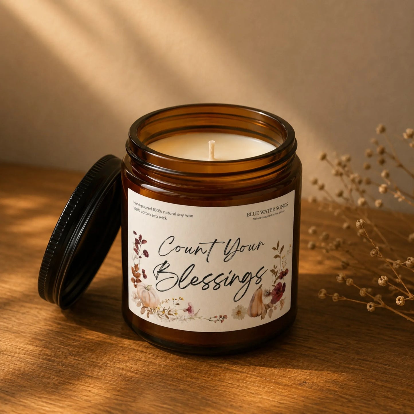 Count Your Blessings Soy Scented Candle, Soy Candle 4 oz 9 oz, Amber Jar with Black Lid