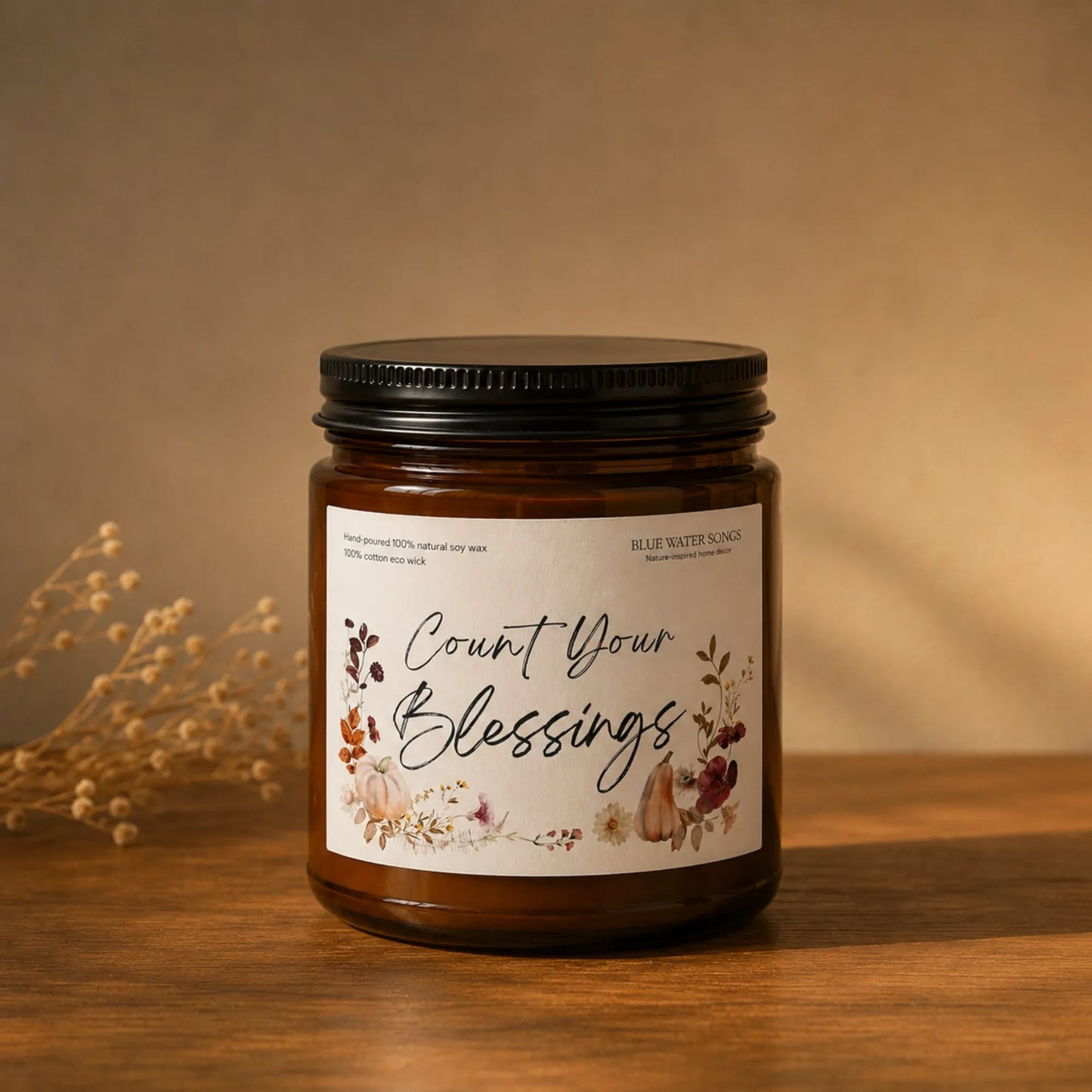 Count Your Blessings Soy Scented Candle, Soy Candle 4 oz 9 oz, Amber Jar with Black Lid
