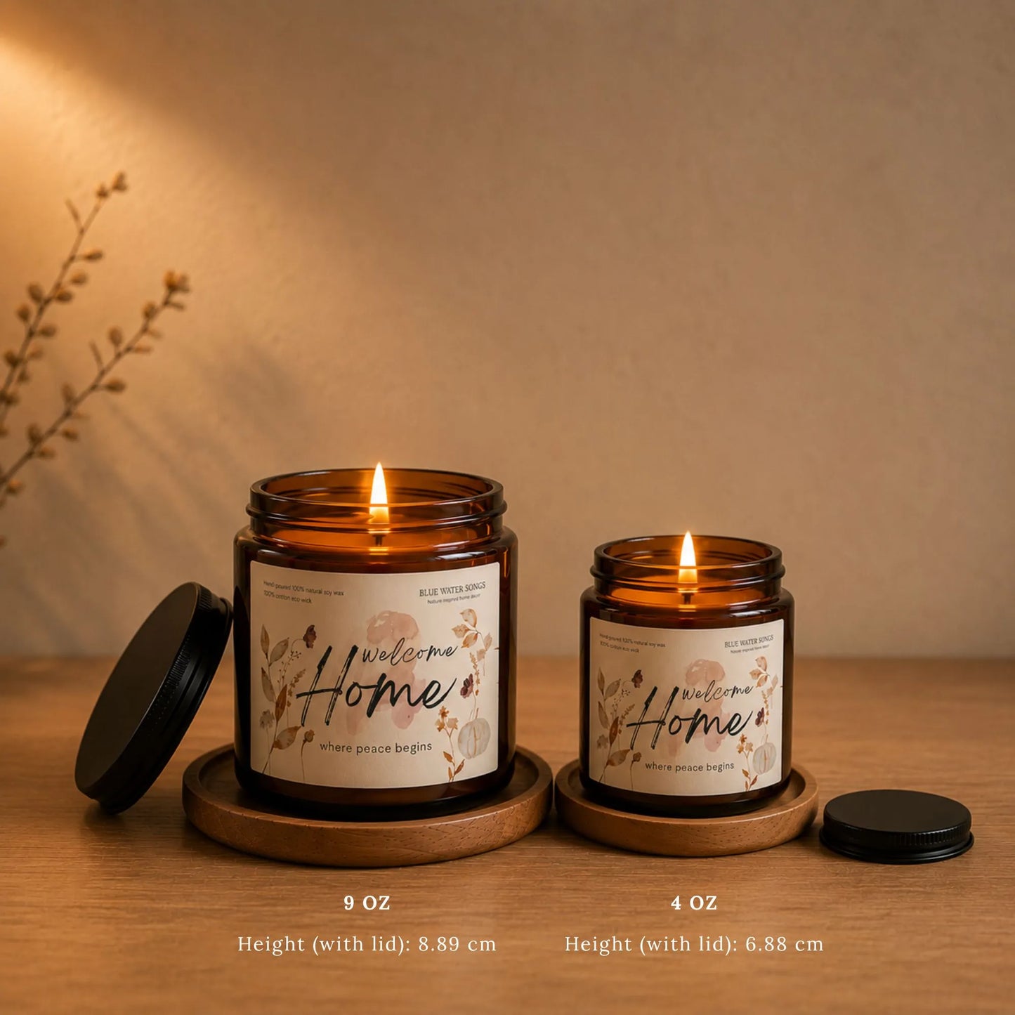 Welcome Home Soy Scented Candle, Soy Candle 4 oz 9 oz, Amber Jar with Black Lid