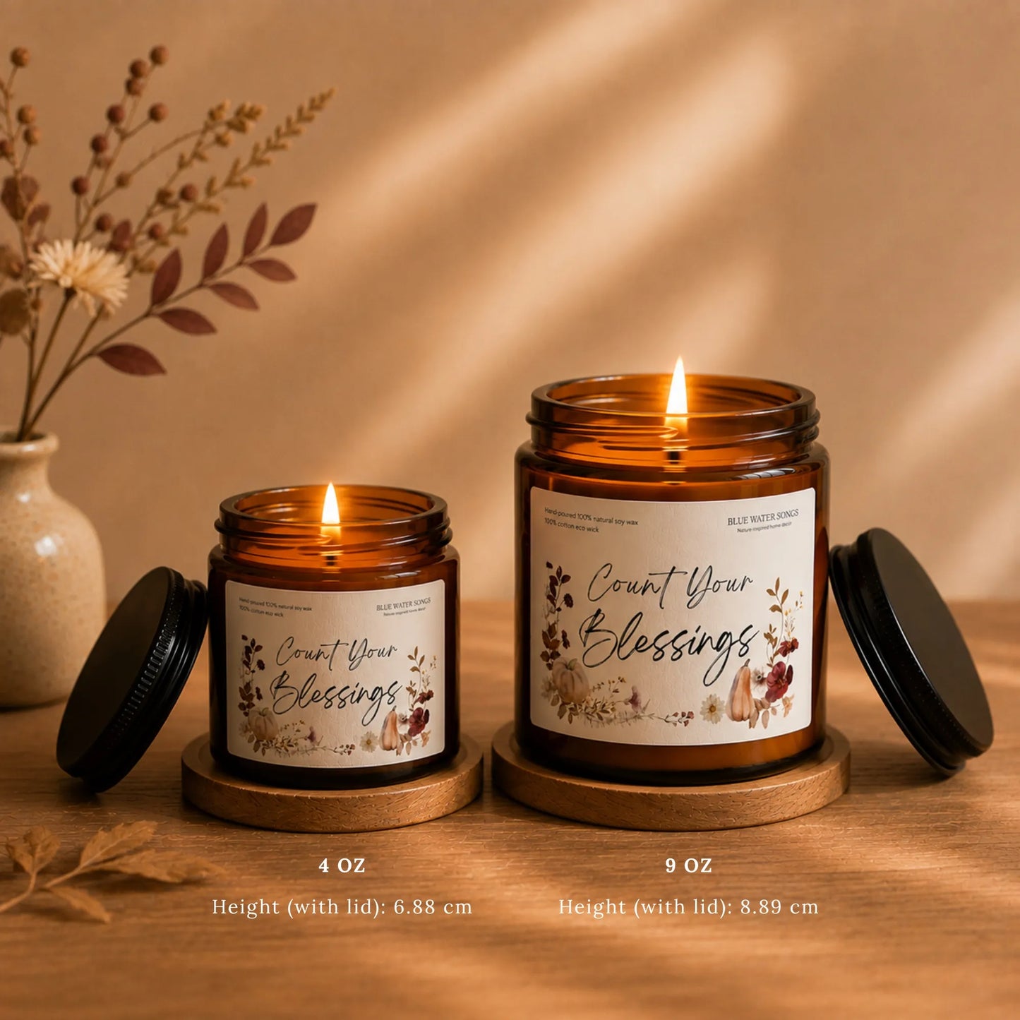 Count Your Blessings Soy Scented Candle, Soy Candle 4 oz 9 oz, Amber Jar with Black Lid