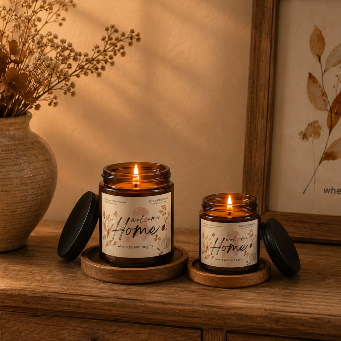 Welcome Home Soy Scented Candle, Soy Candle 4 oz 9 oz, Amber Jar with Black Lid