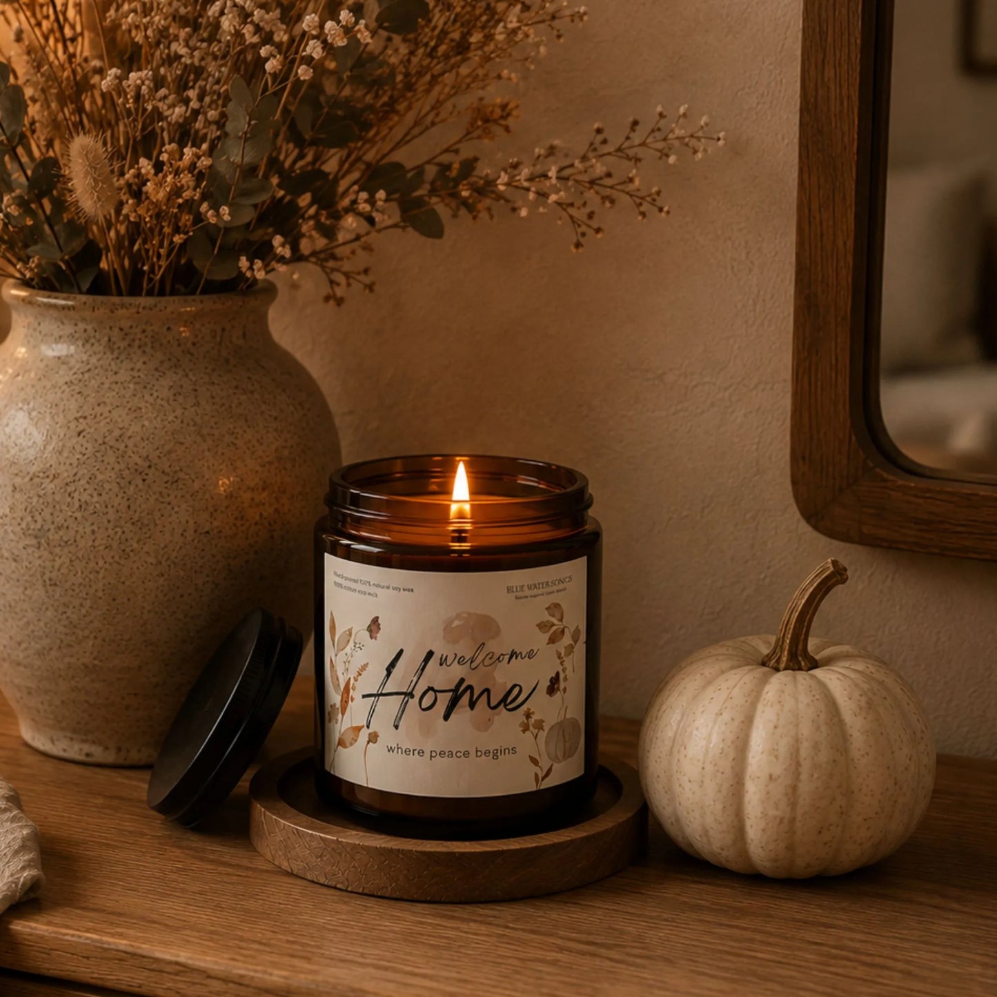 Welcome Home Soy Scented Candle, Soy Candle 4 oz 9 oz, Amber Jar with Black Lid