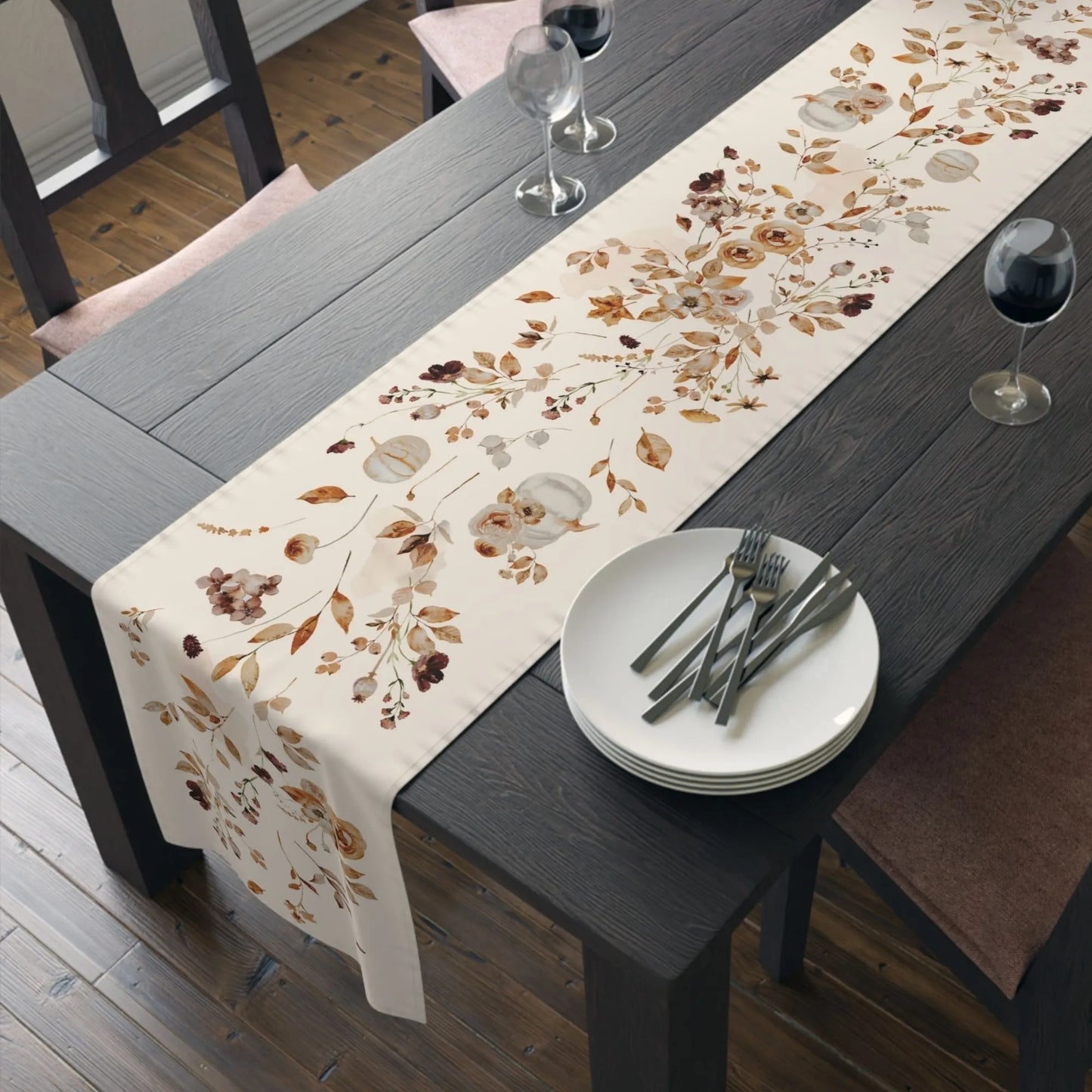 Autumn Wildflower Table Runner, Watercolor Fall Botanical Table Decor