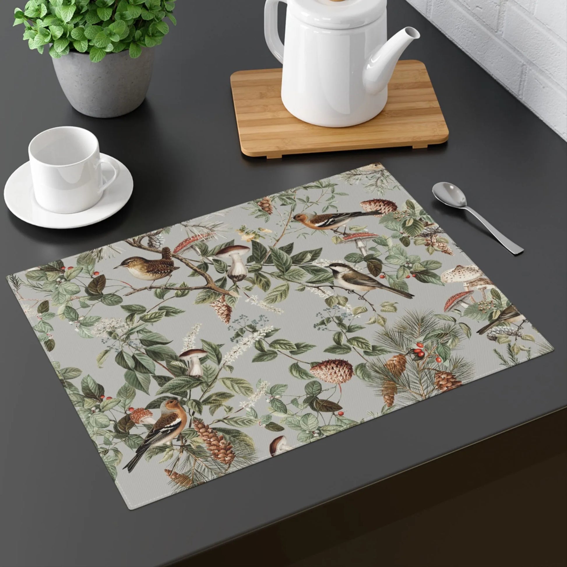 grey table with coffee mugs and Vintage Autumn Botanical PLACEMATS from Blue Water Songs