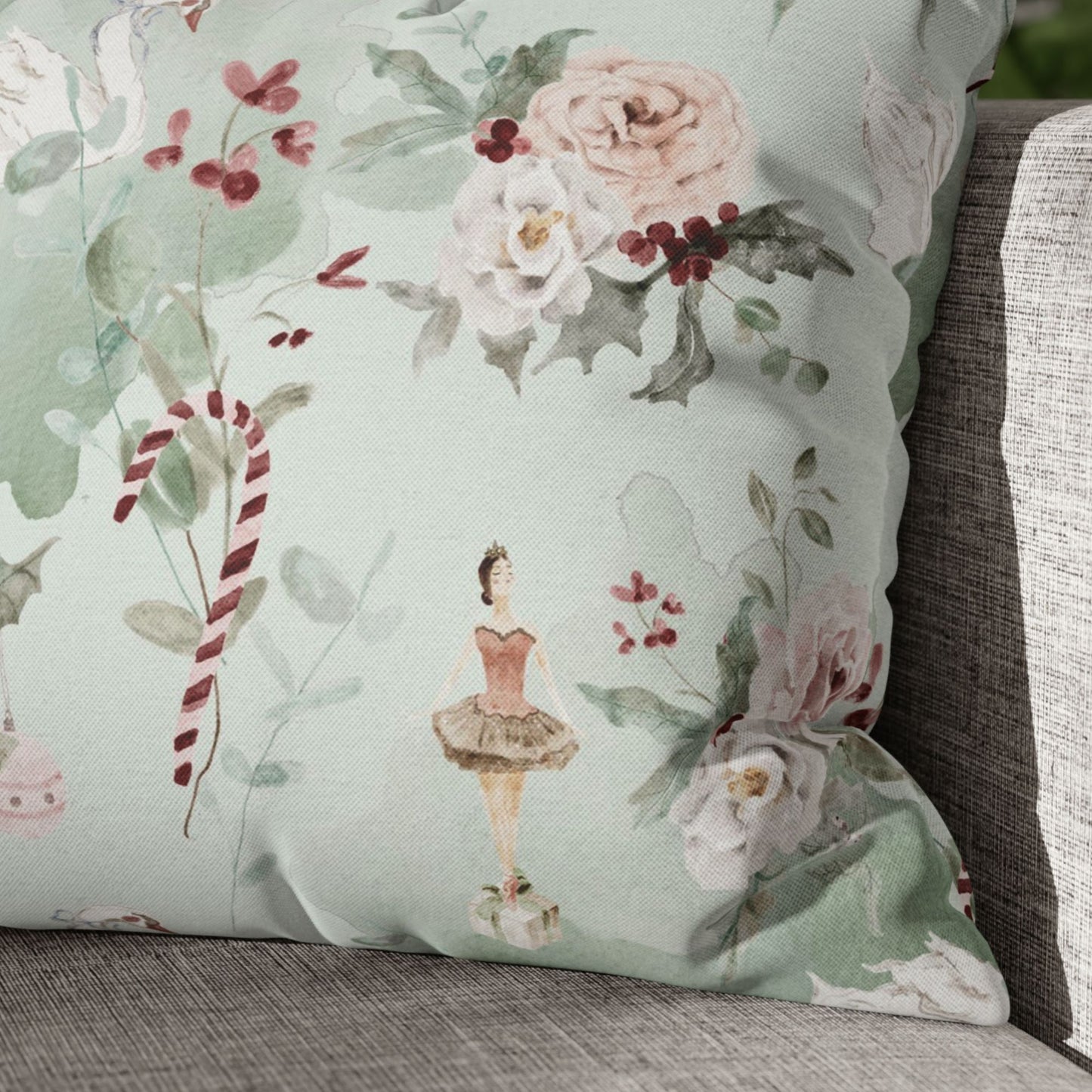 Ballerina Christmas Pillow Cover featuring graceful dancer and floral patterns for festive holiday decor.