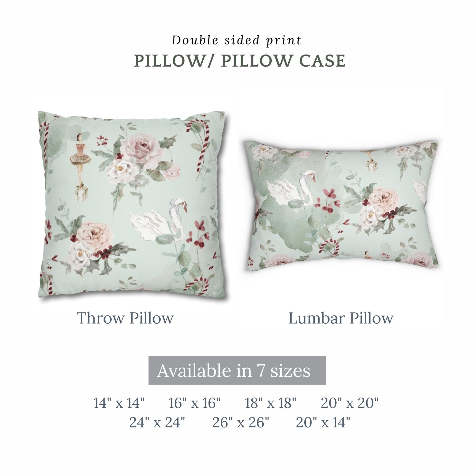 Ballerina Christmas Pillow Cover – Floral Storybook design showcasing throw and lumbar pillows available in multiple sizes.