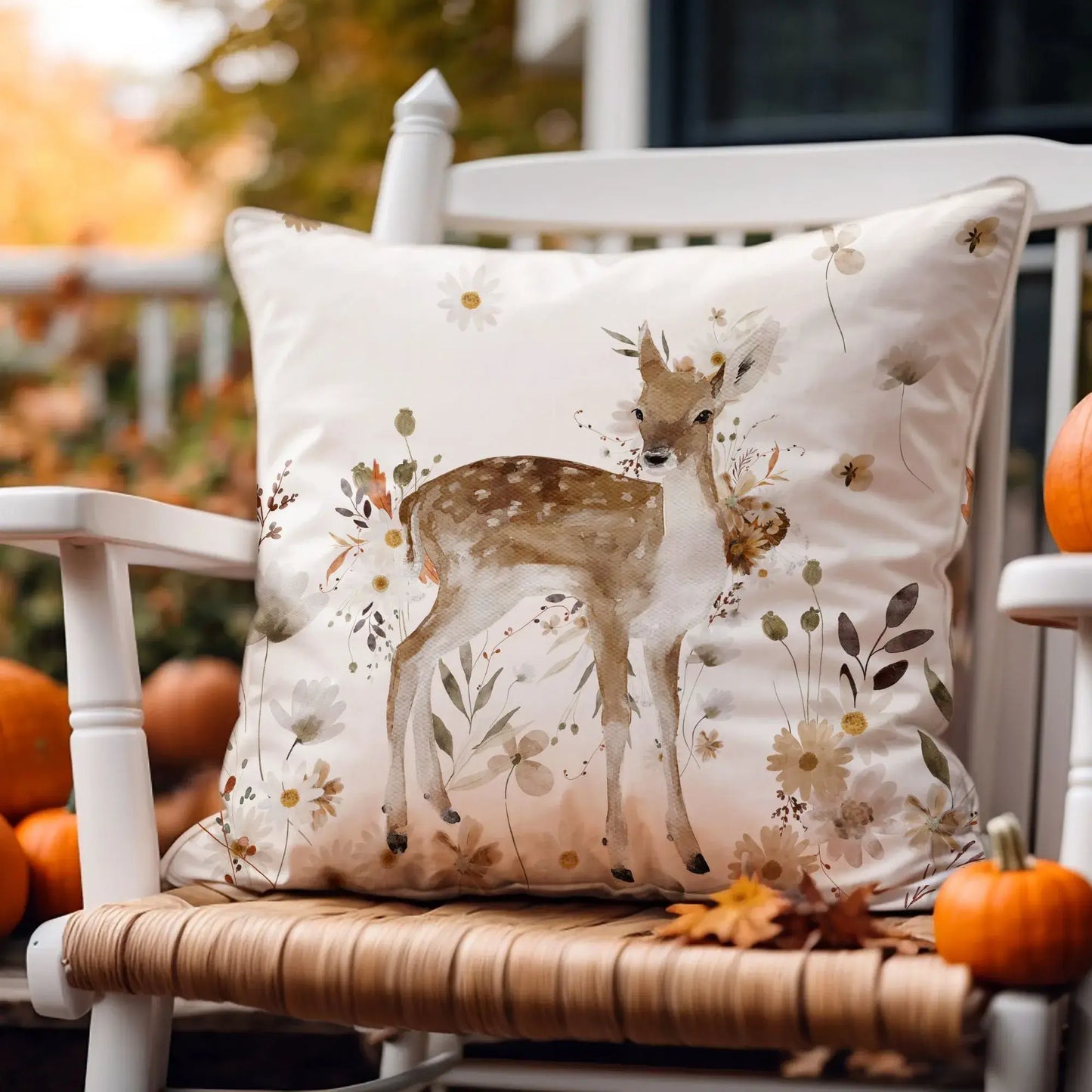 Bambi Deer fall pillow cover with watercolor deer and wildflowers, styled on white porch chair with pumpkins for cozy autumn outdoor decor