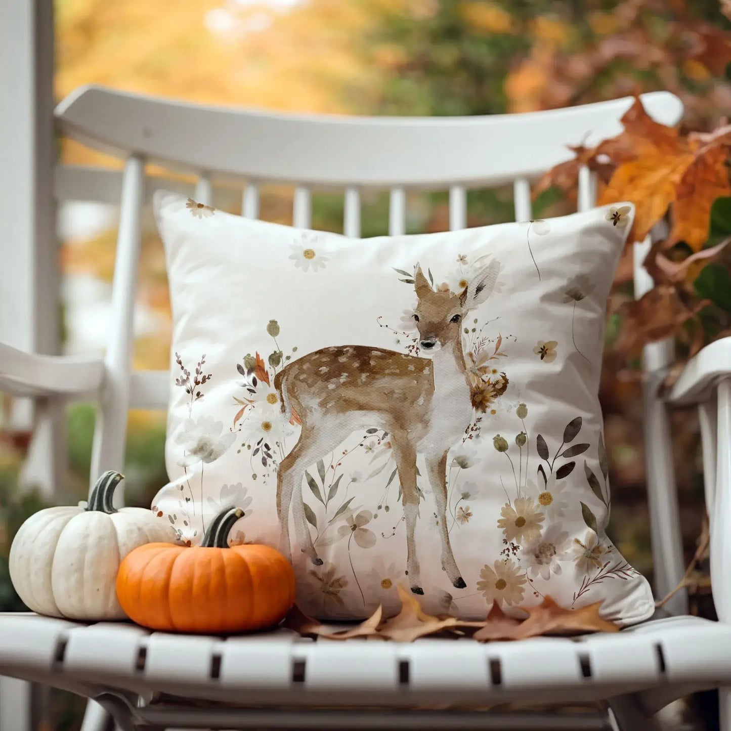 Bambi Deer fall pillow cover with watercolor deer and wildflowers, styled on autumn porch chair with pumpkins for cozy seasonal decor