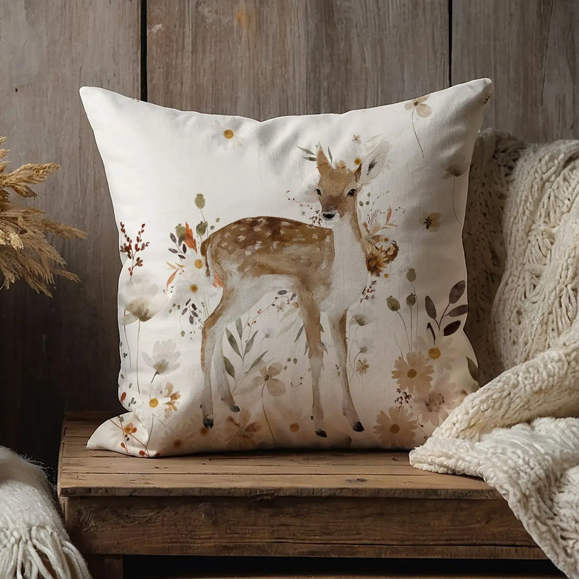 Bambi Deer fall pillow cover with watercolor deer and wildflowers, styled in rustic woodland setting with knit blanket for cozy autumn decor