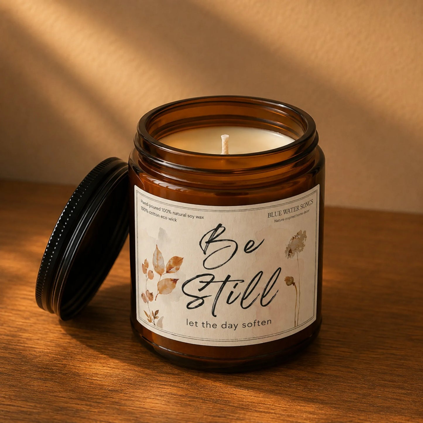 Be Still Soy Scented Candle, Soy Candle 4 oz 9 oz, Amber Jar with Black Lid