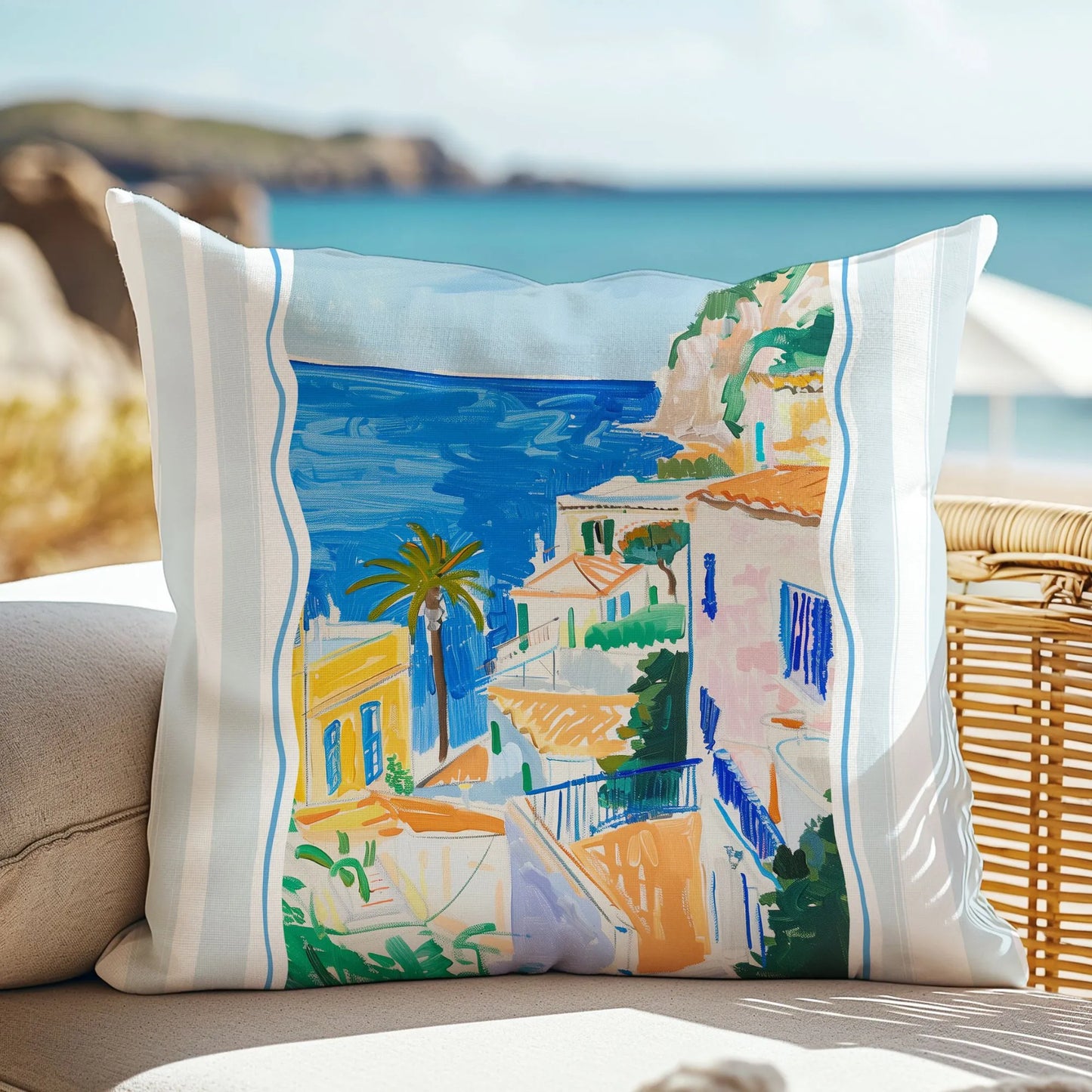 Mediterranean pillow cover on outdoor patio chair with ocean view background