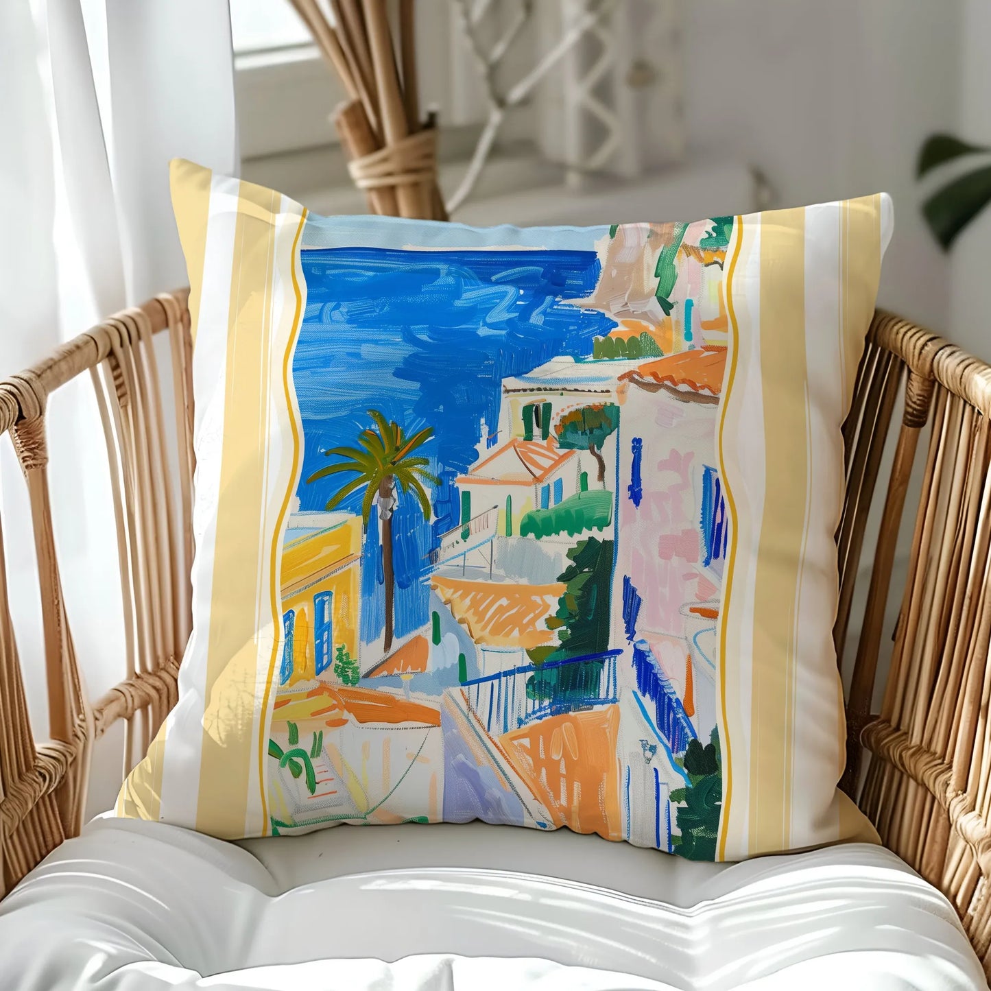 Mediterranean coastal pillow on wicker chair in sunny indoor setting