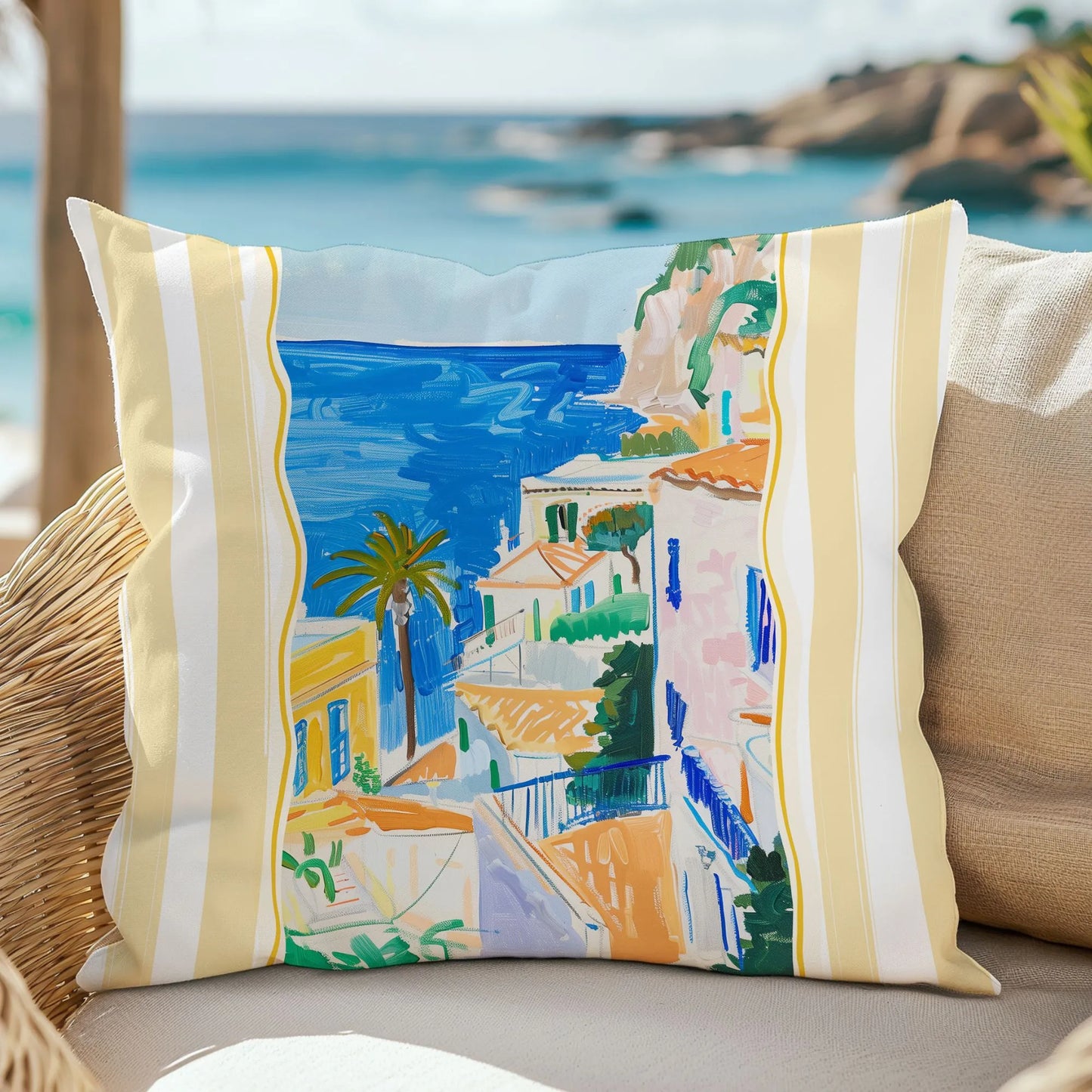 Mediterranean coastal pillow with yellow stripes on rattan chair by the beach