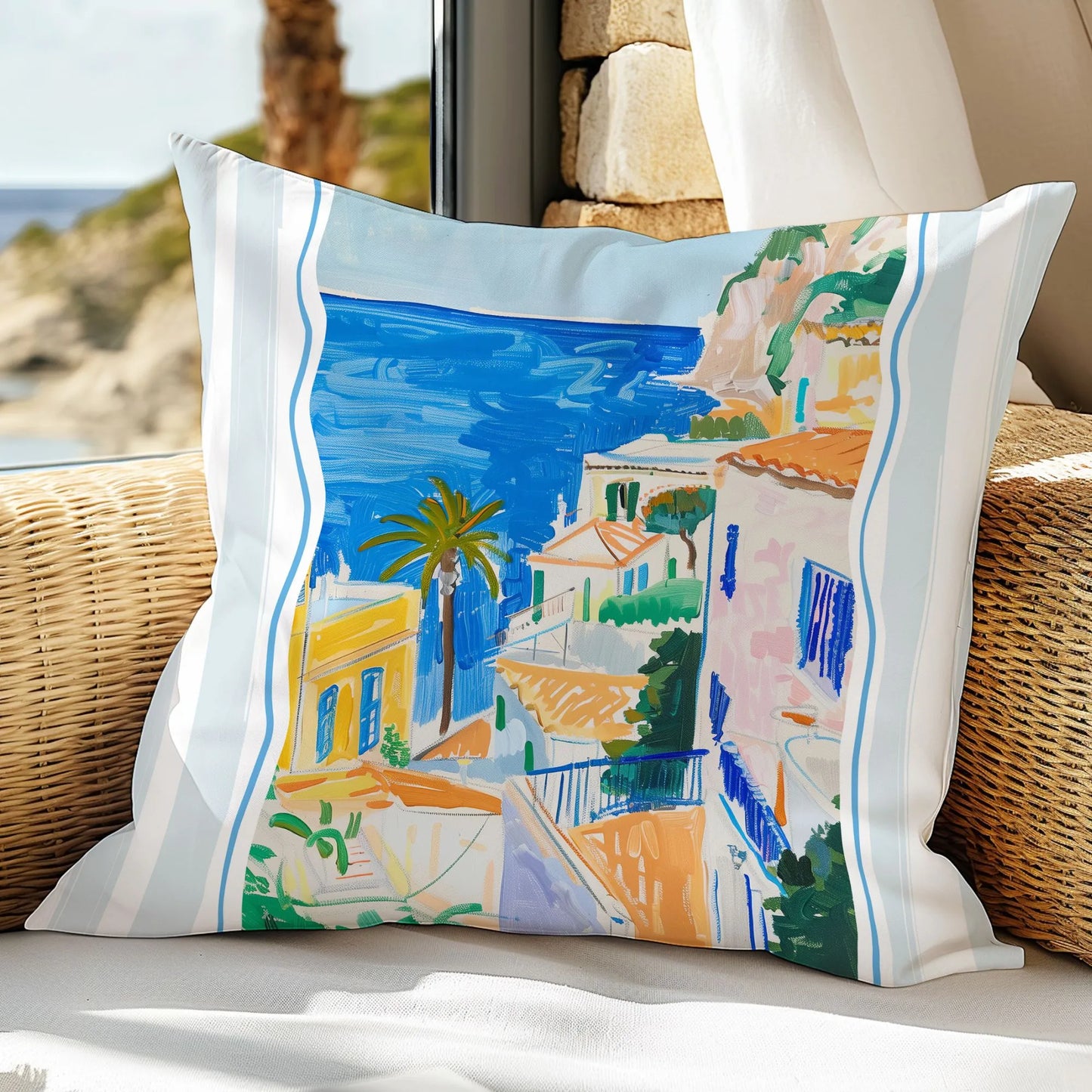Mediterranean coastal pillow on rattan chair with ocean view, featuring painted seaside houses and palm tree