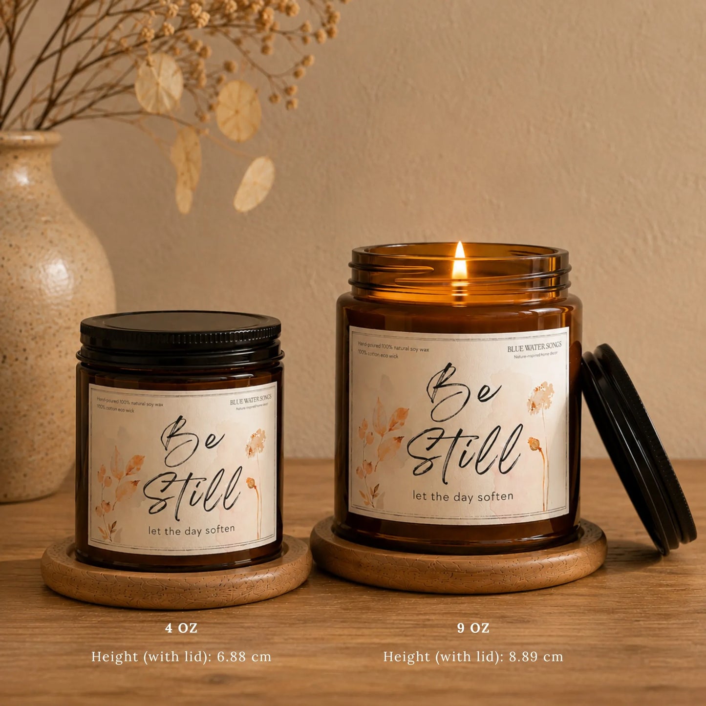 Be Still Soy Scented Candle, Soy Candle 4 oz 9 oz, Amber Jar with Black Lid