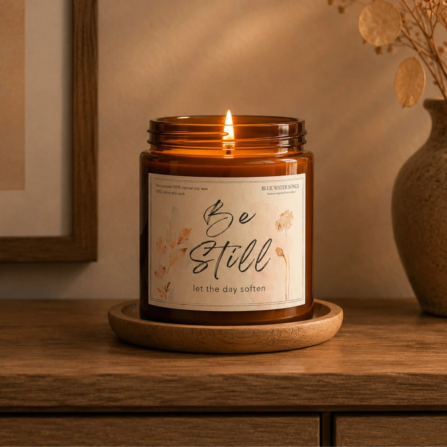 Be Still Soy Scented Candle, Soy Candle 4 oz 9 oz, Amber Jar with Black Lid
