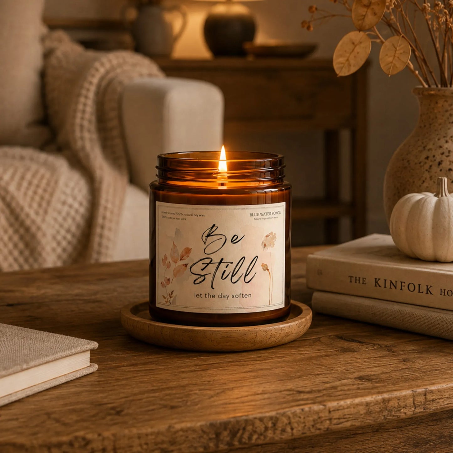 Be Still Soy Scented Candle, Soy Candle 4 oz 9 oz, Amber Jar with Black Lid