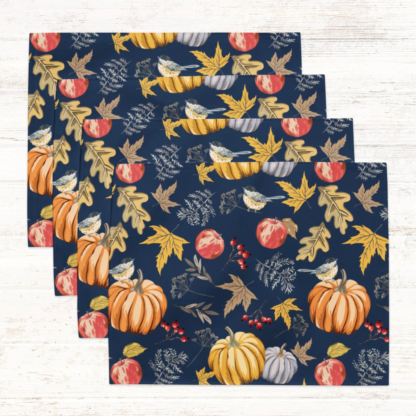 Pumpkin and bird PLACEMATS from Blue Water Songs set of 4, navy color