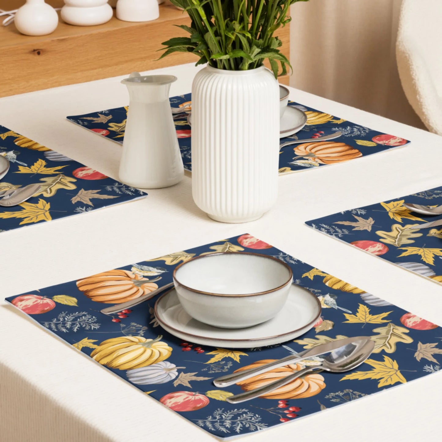 table setting with Pumpkin and bird PLACEMATS from Blue Water Songs 