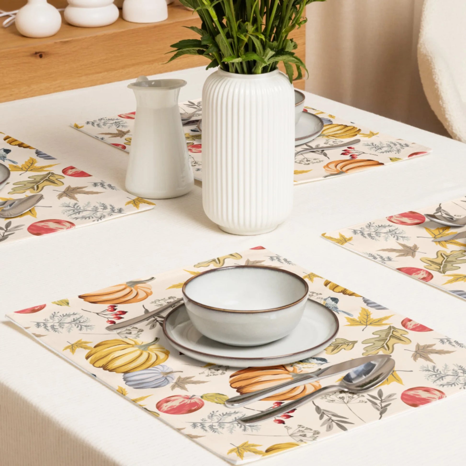 thanksgiving dining table settings with Pumpkin and bird PLACEMATS from Blue Water Songs