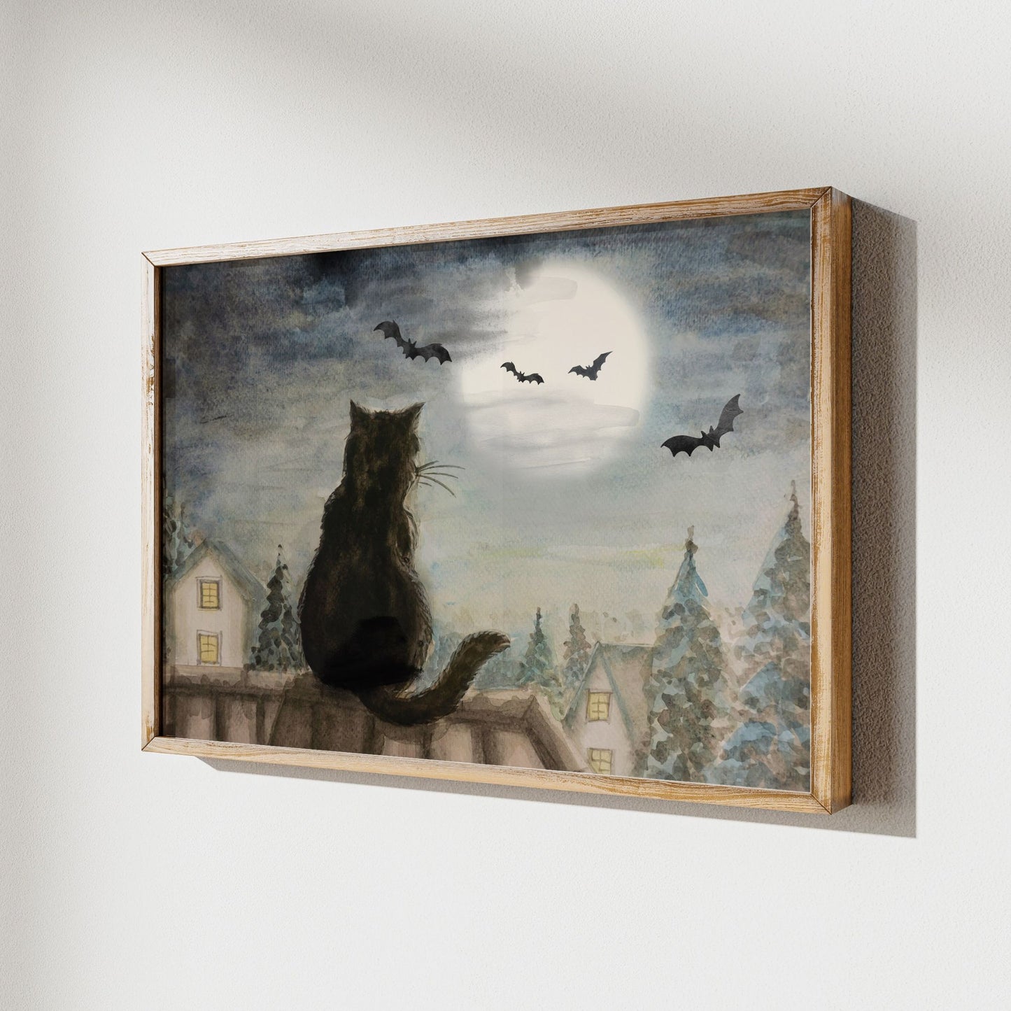 Black cat on roof top halloween Art Print from Blue Water Songs