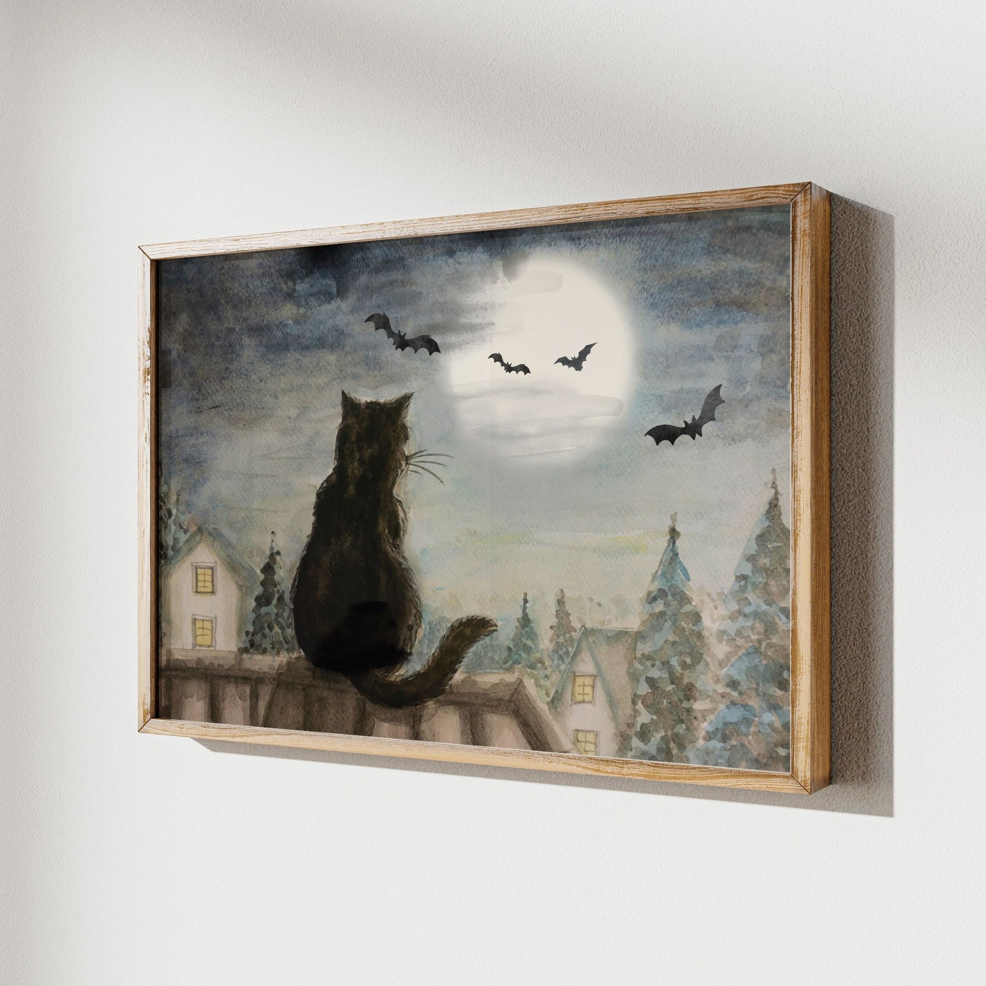 Black cat on roof top halloween Art Print from Blue Water Songs