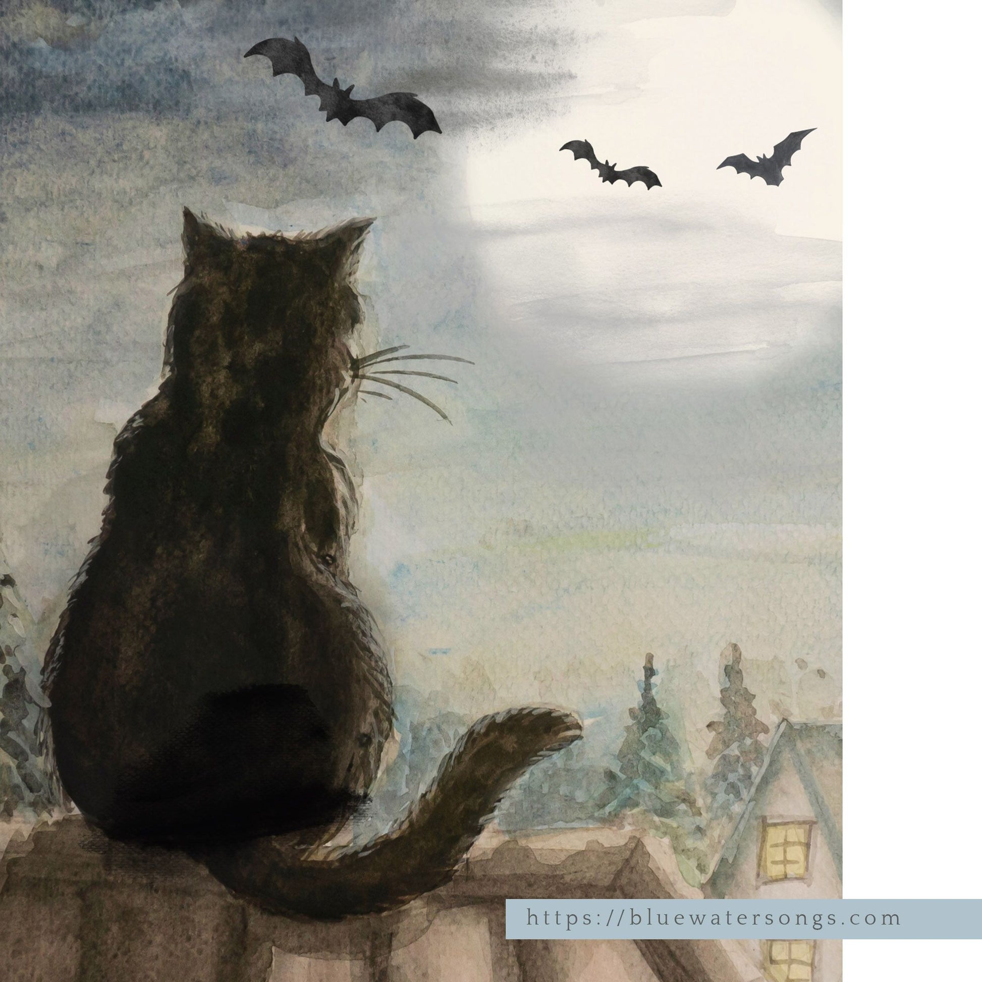 closer look of Black cat on roof top halloween Art Print from Blue Water Songs