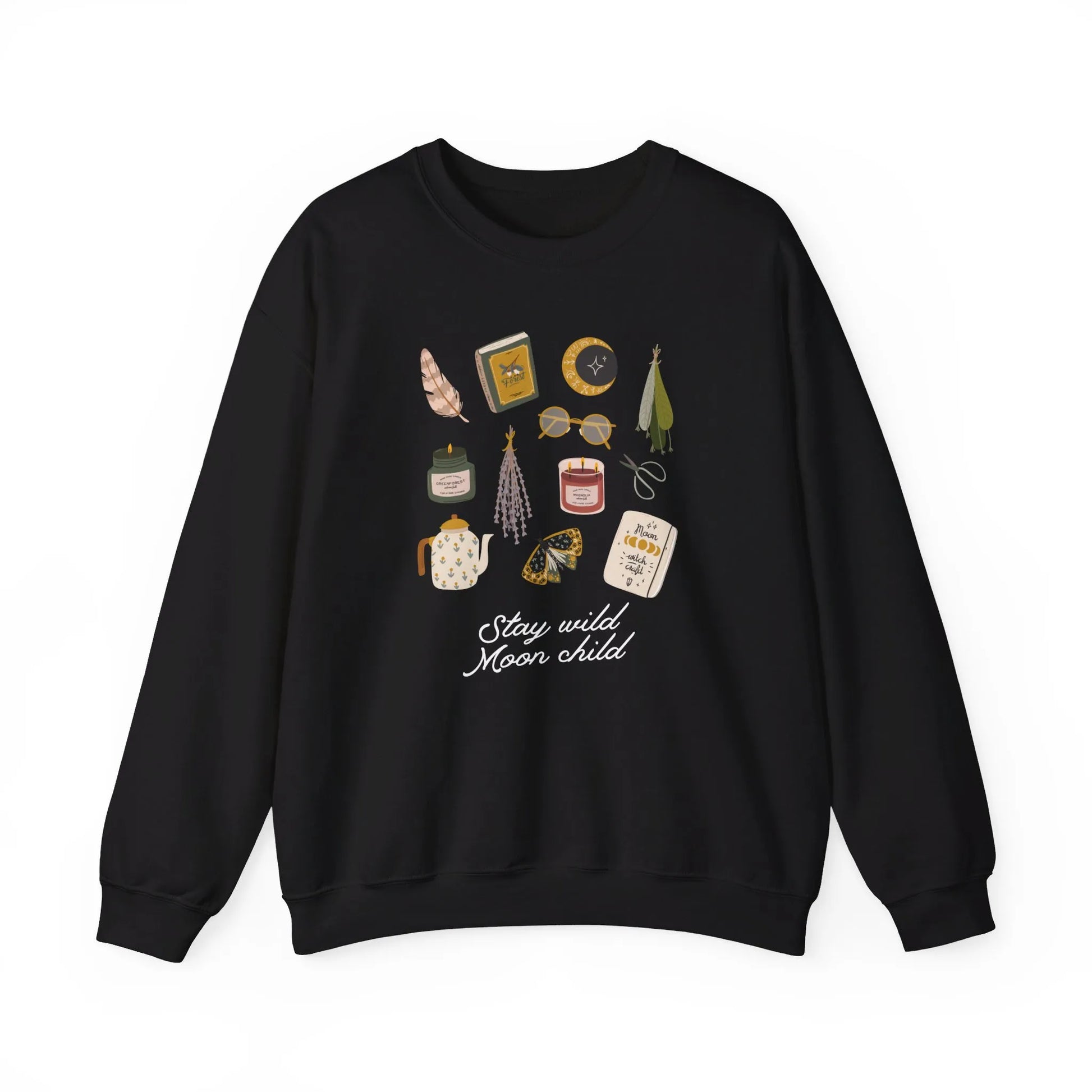 'Stay Wild Moon Child' Botanical Witch SWEATSHIRT from Blue Water Songs - Black 