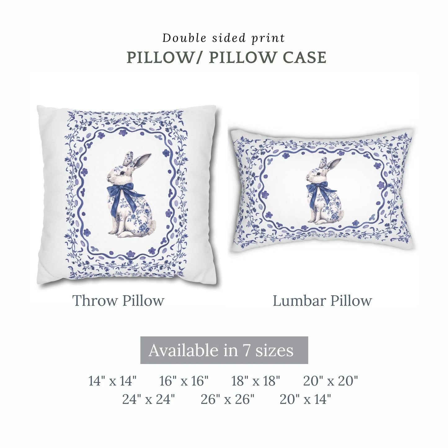 Watercolor blue Chinoiserie rabbit design available as a double-sided throw pillow and lumbar pillow in seven sizes.