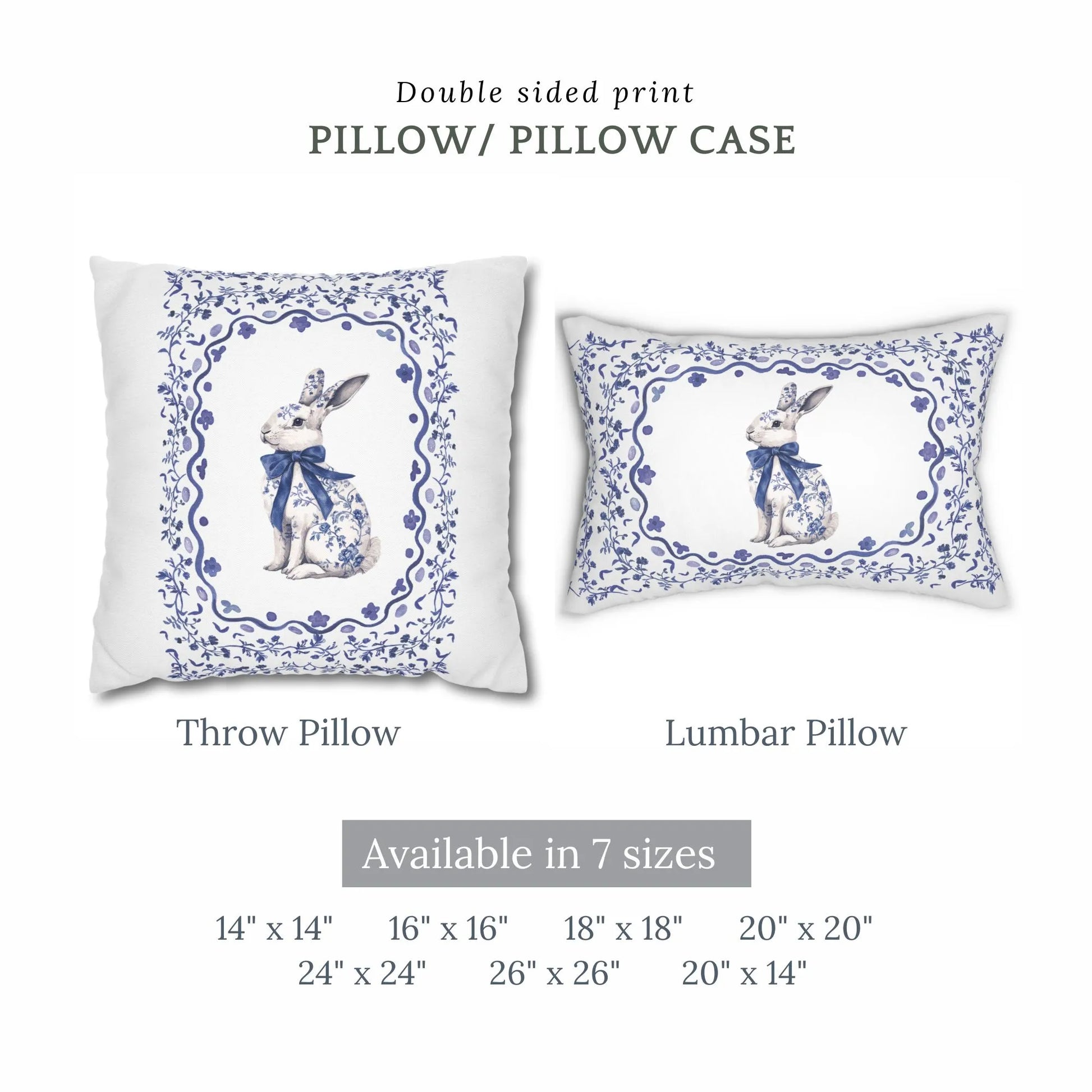 Watercolor blue Chinoiserie rabbit design available as a double-sided throw pillow and lumbar pillow in seven sizes.