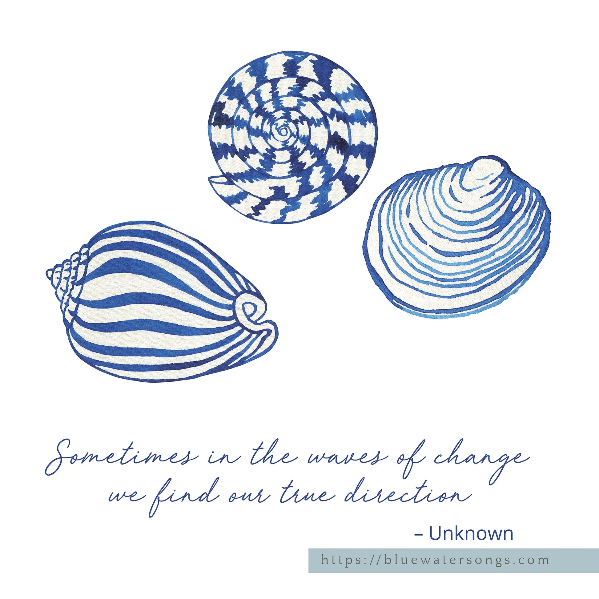 Coastal prints featuring blue watercolor seashell illustrations with a quote about change and direction.