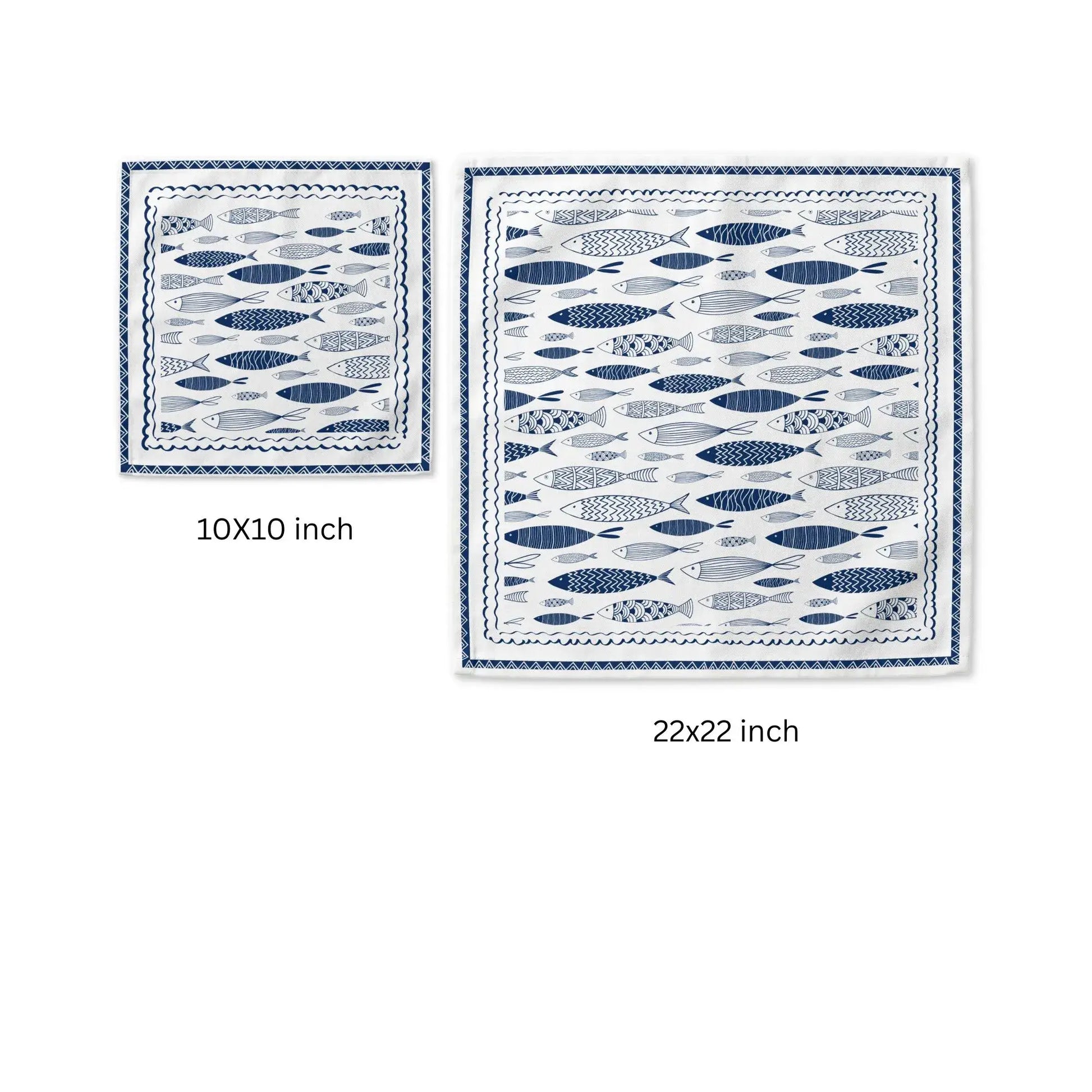 Blue Fish Coastal Cloth Napkins – Nautical Table Linen in 10x10 and 22x22 inch sizes with nautical fish illustrations.