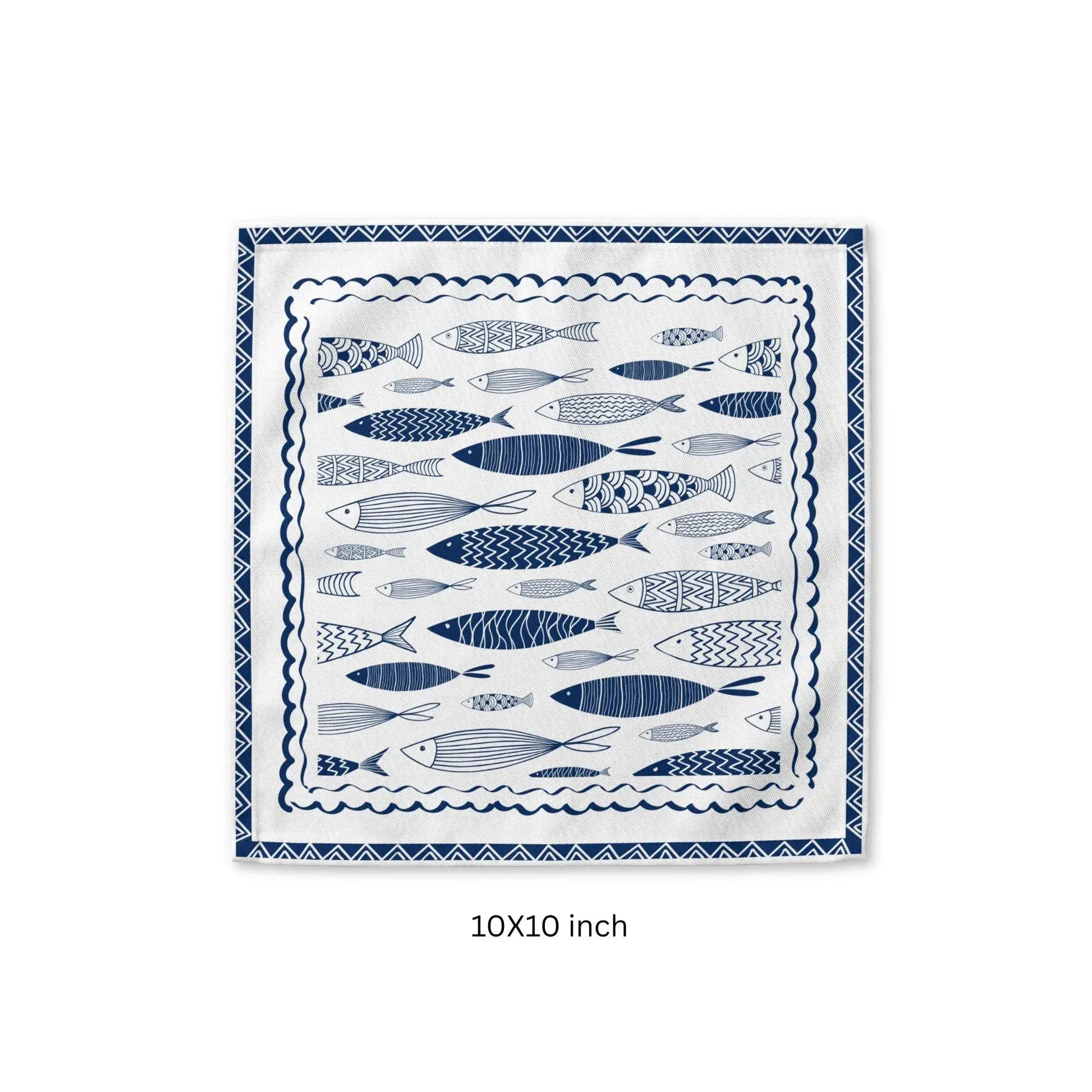 Blue Fish Coastal Cloth Napkins – Nautical Table Linen in 10x10 inch size featuring hand-drawn navy fish illustrations.