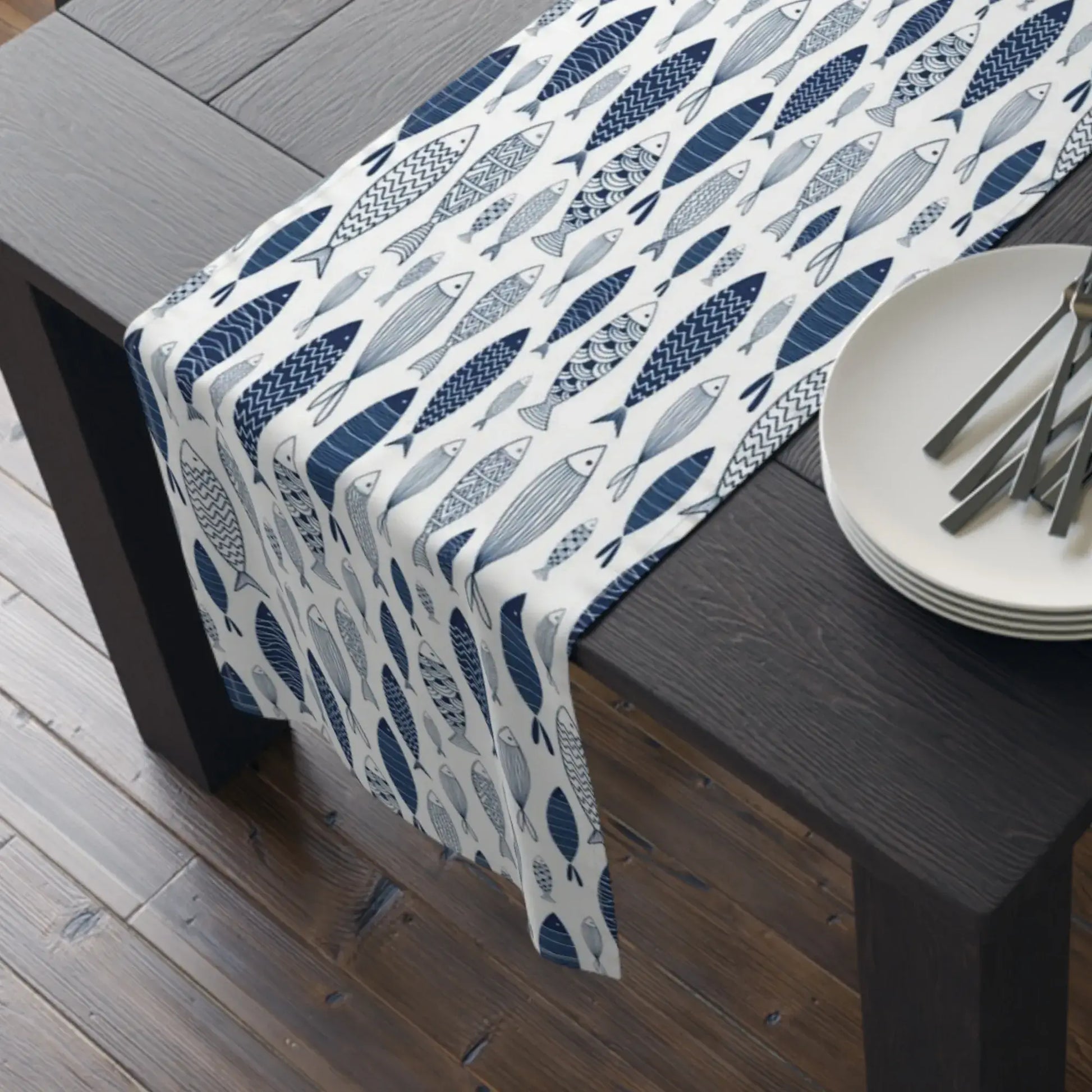 Blue Fish Coastal Table Runner – Nautical Dining Decor with hand-illustrated fish pattern in navy and coastal blue.
