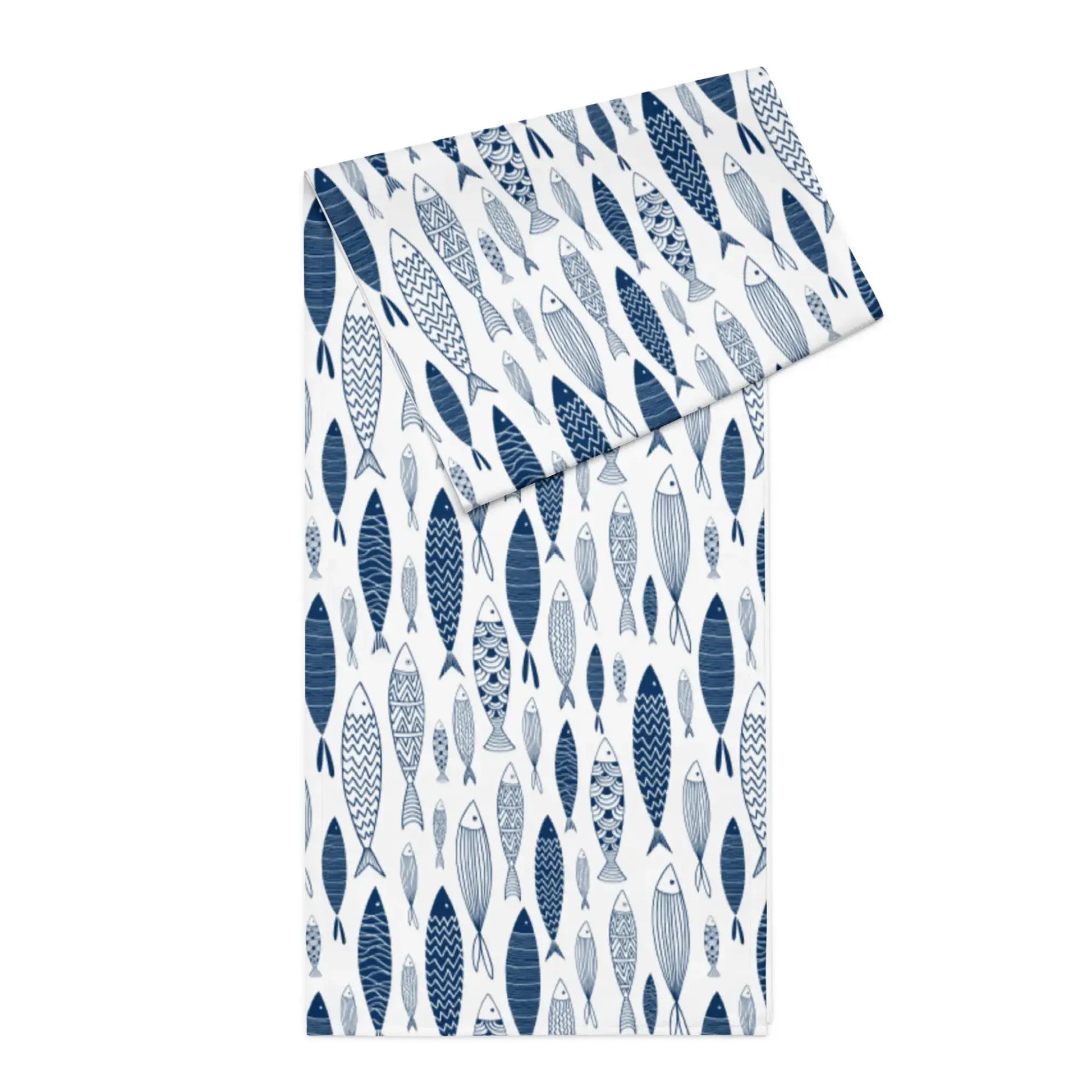 Blue Fish Coastal Table Runner – Nautical Dining Decor featuring a hand-illustrated pattern of swimming fish.